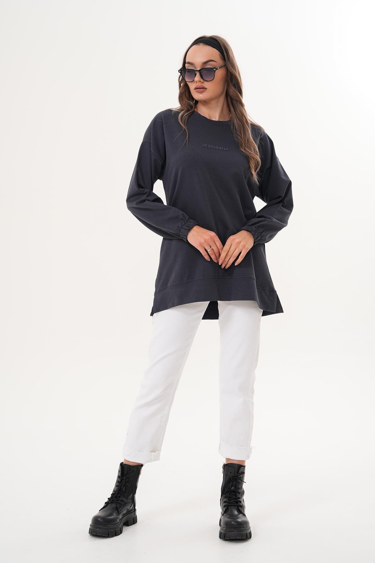 Füme Bisiklet Yaka Uzun Kol Be Yourself Sweatshirt Tunik - Westbound