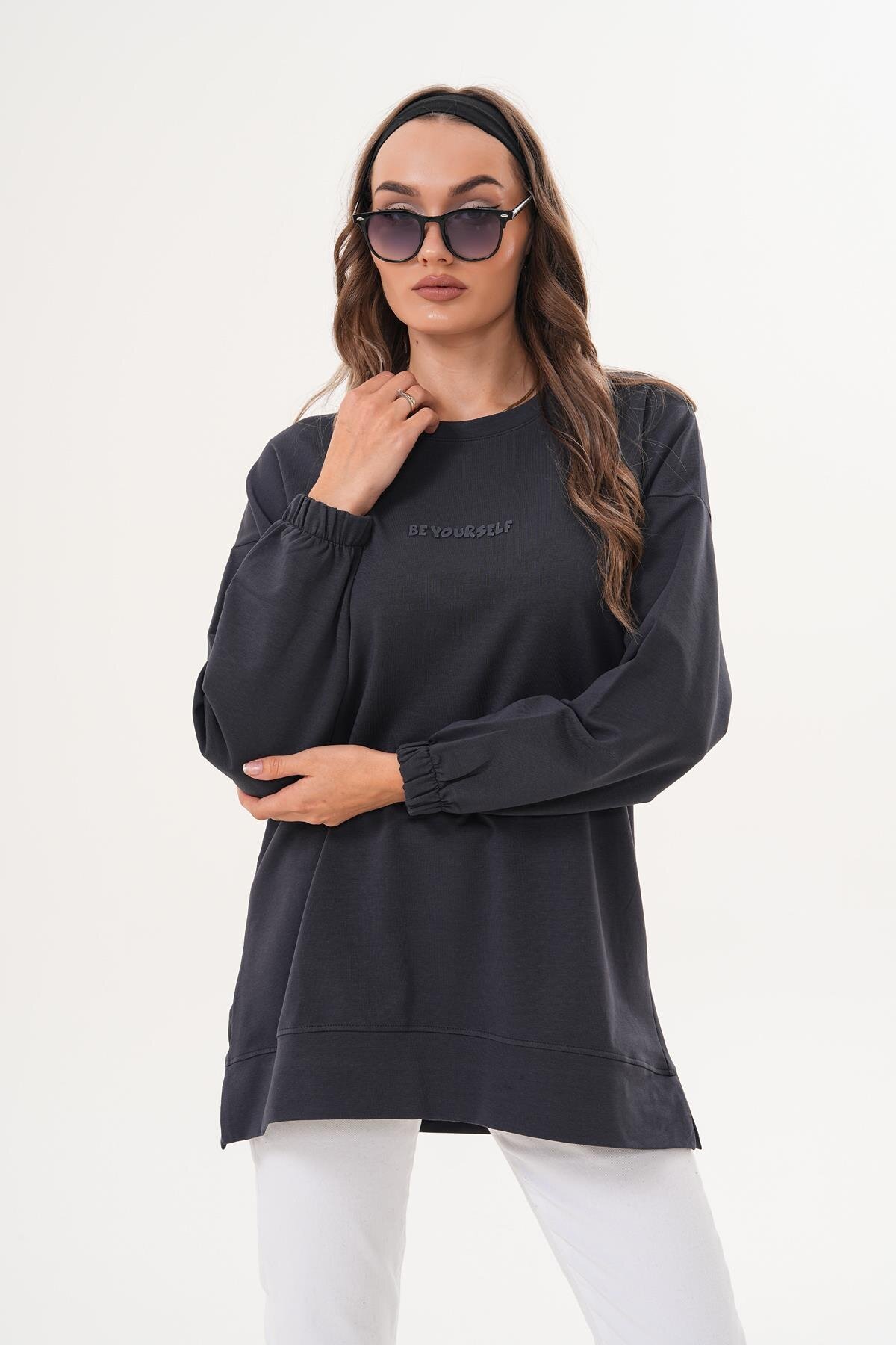 Füme Bisiklet Yaka Uzun Kol Be Yourself Sweatshirt Tunik - Westbound