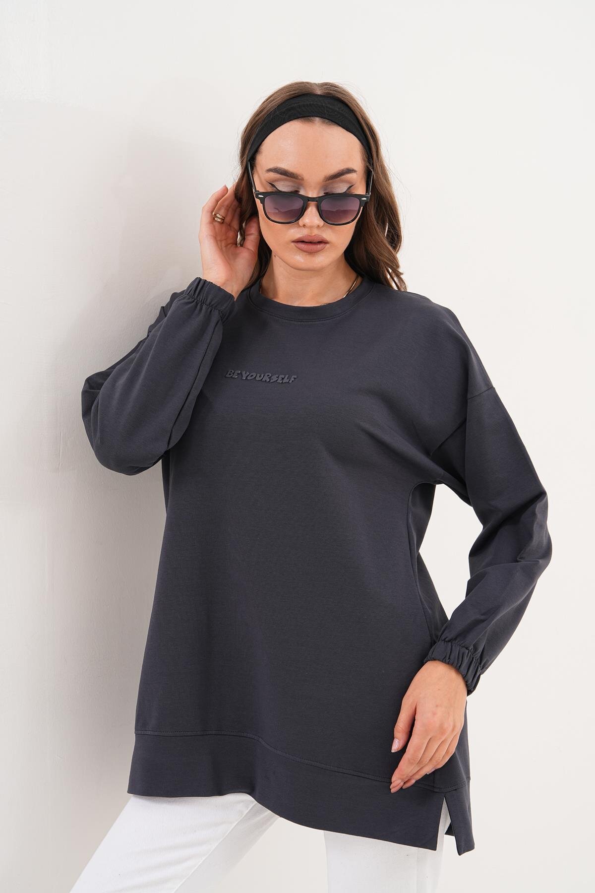 Füme Bisiklet Yaka Uzun Kol Be Yourself Sweatshirt Tunik - Westbound
