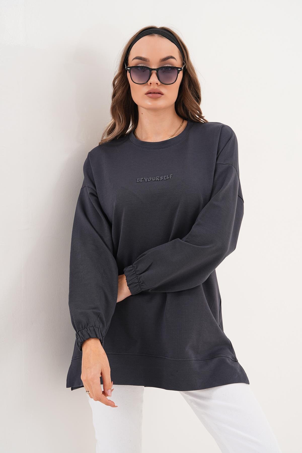 Füme Bisiklet Yaka Uzun Kol Be Yourself Sweatshirt Tunik - Westbound