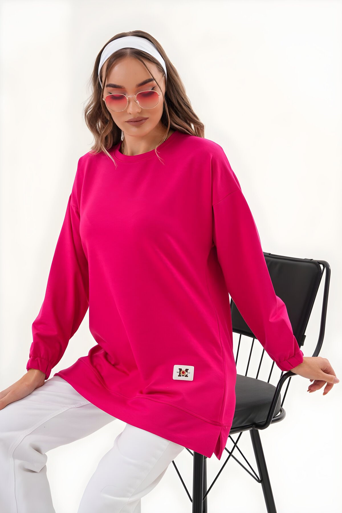 Fuşya Düz Bisiklet Yaka Uzun Kol Basic Sweatshirt Tunik - Westbound