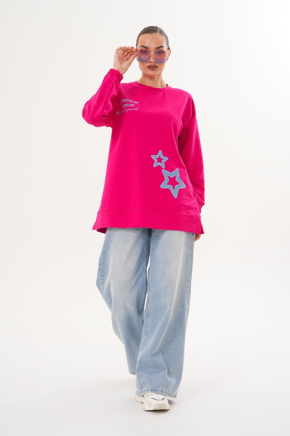 Fuşya Yıldız Desenli Bisiklet Yaka Sweatshirt Tunik - Westbound