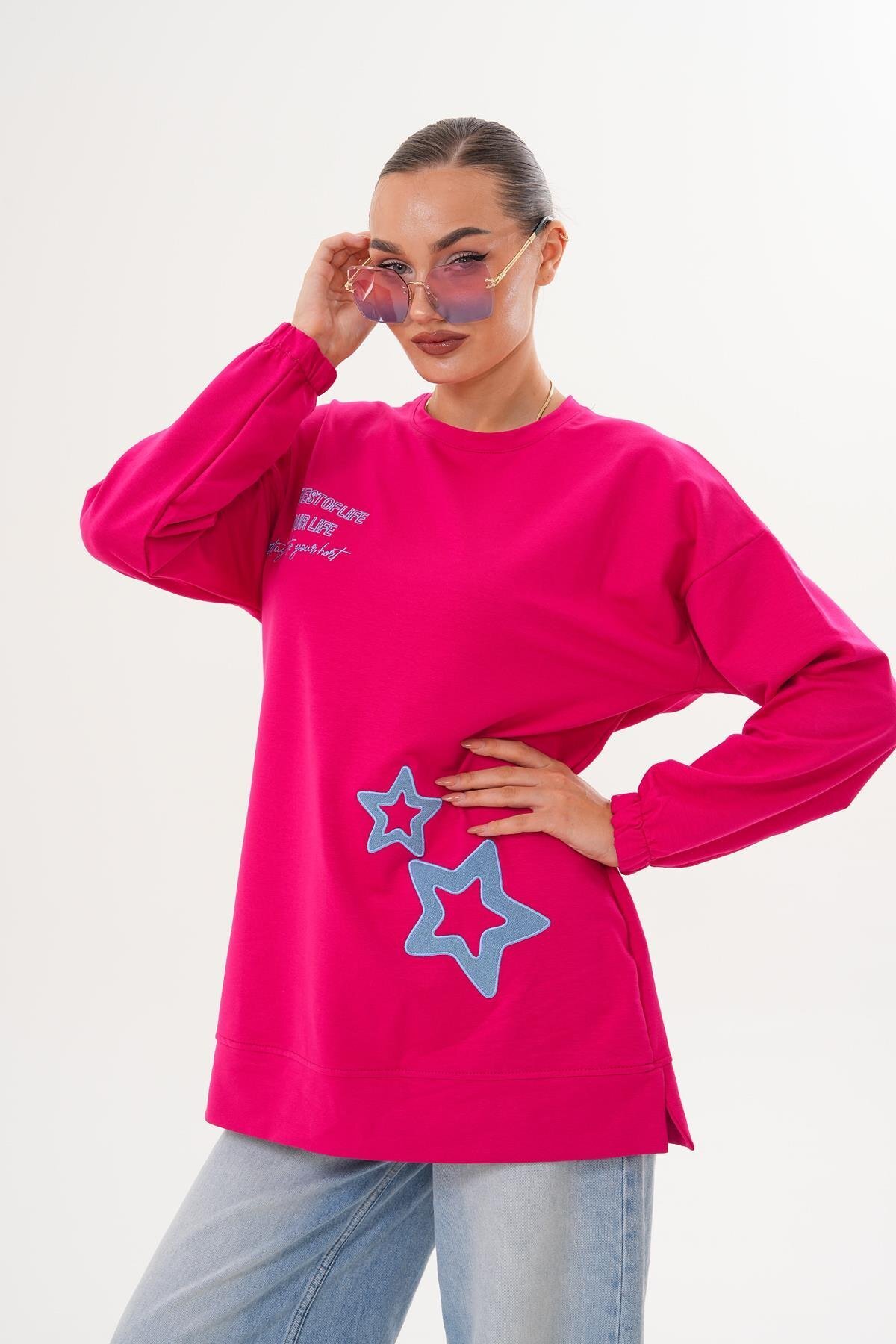 Fuşya Yıldız Desenli Bisiklet Yaka Sweatshirt Tunik - Westbound
