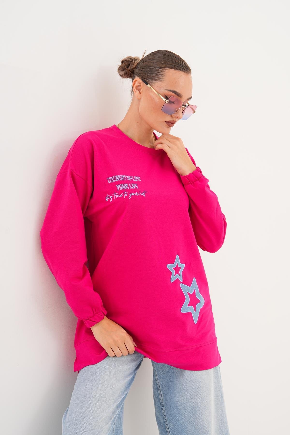 Fuşya Yıldız Desenli Bisiklet Yaka Sweatshirt Tunik - Westbound