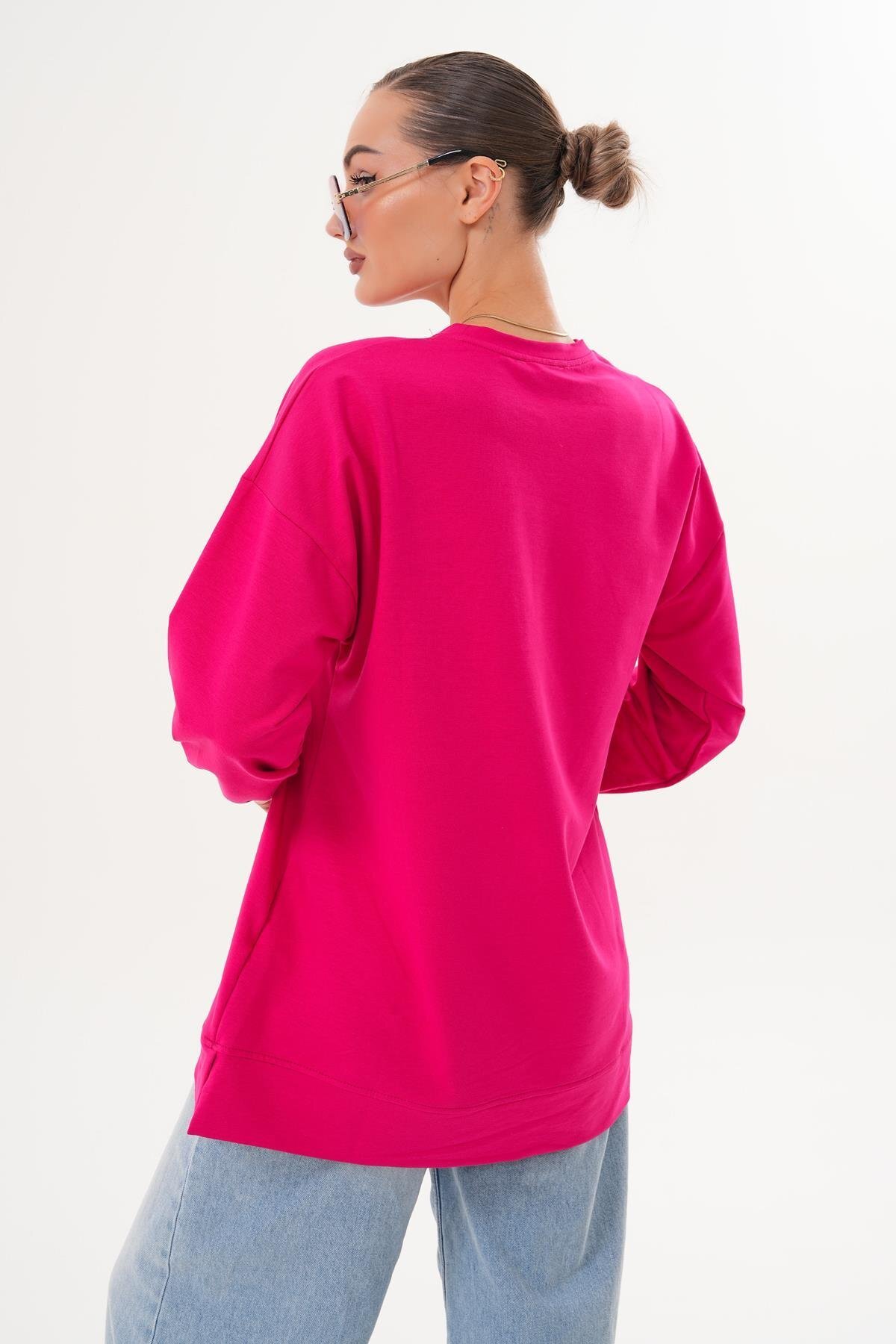 Fuşya Yıldız Desenli Bisiklet Yaka Sweatshirt Tunik - Westbound