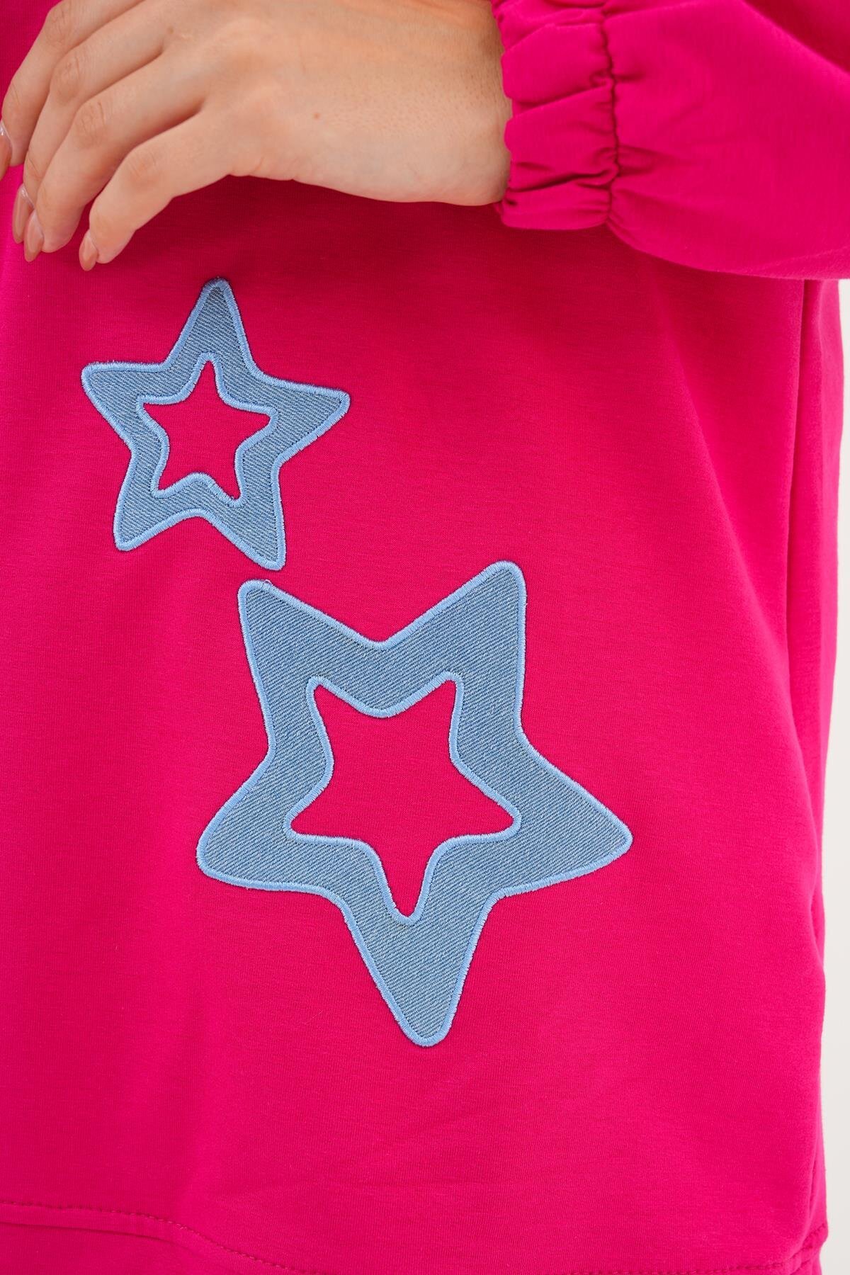 Fuşya Yıldız Desenli Bisiklet Yaka Sweatshirt Tunik - Westbound