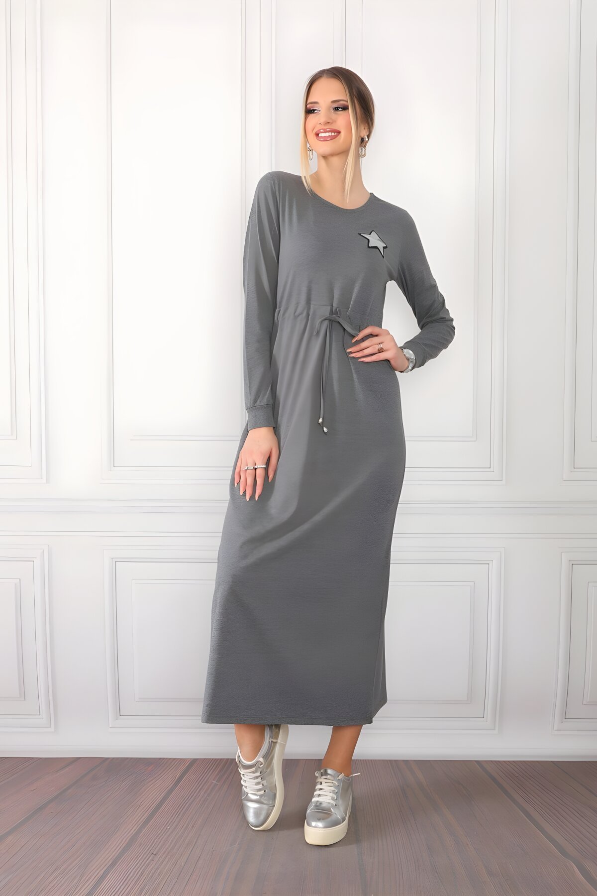 Laced Star-Collar Modest Dress - Grey - Westbound