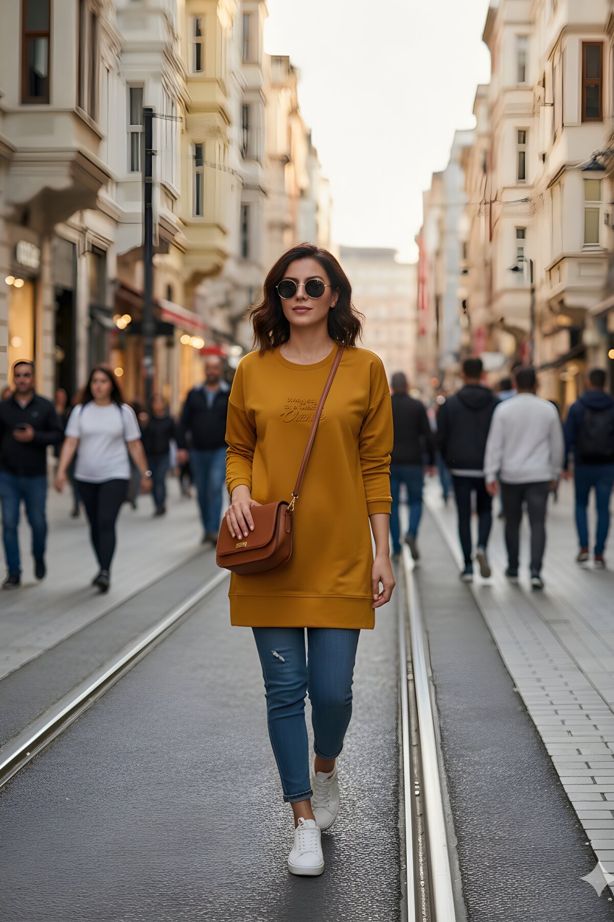 Hardal Kabartma Baskılı Bisiklet Yaka Uzun Kol Sweatshirt Tesettür Tunik - Westbound