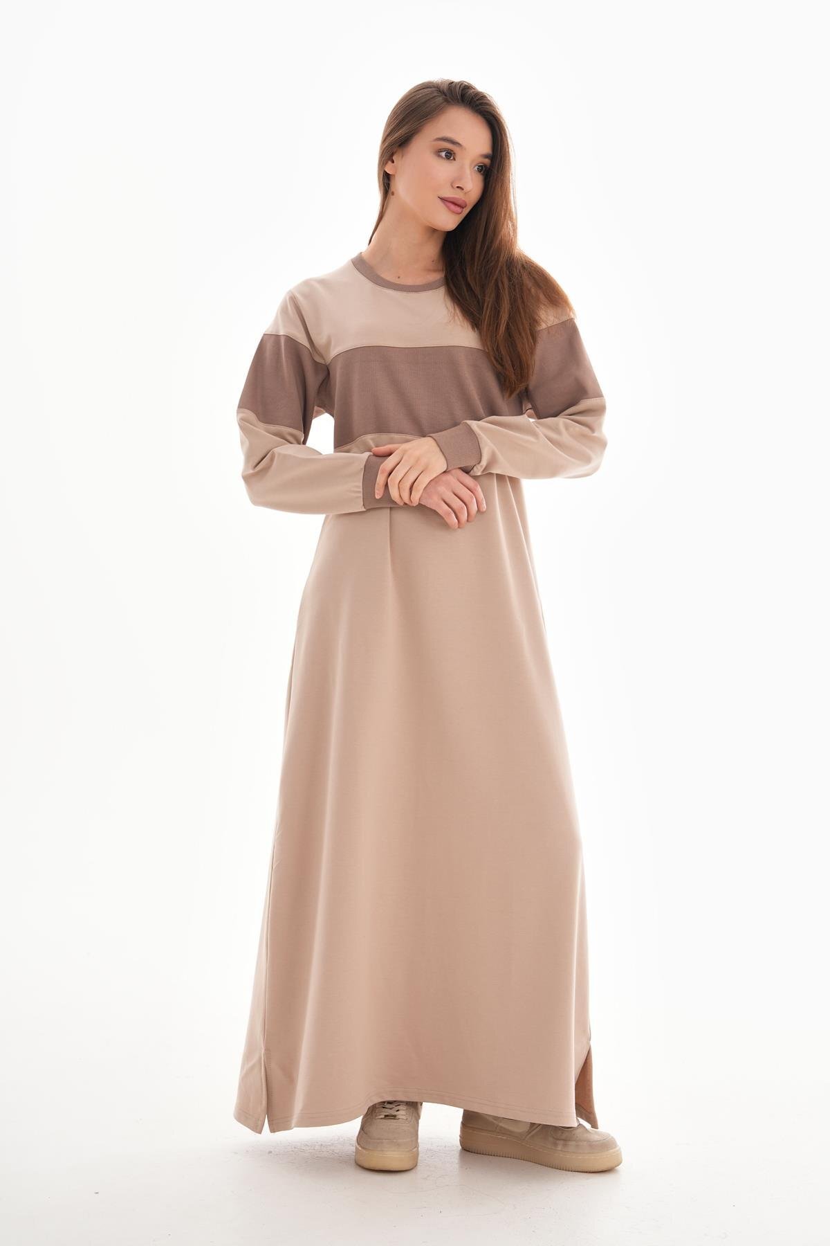 Sporty Color-Block Ribbed-Detail Modest Dress - Brown - Westbound