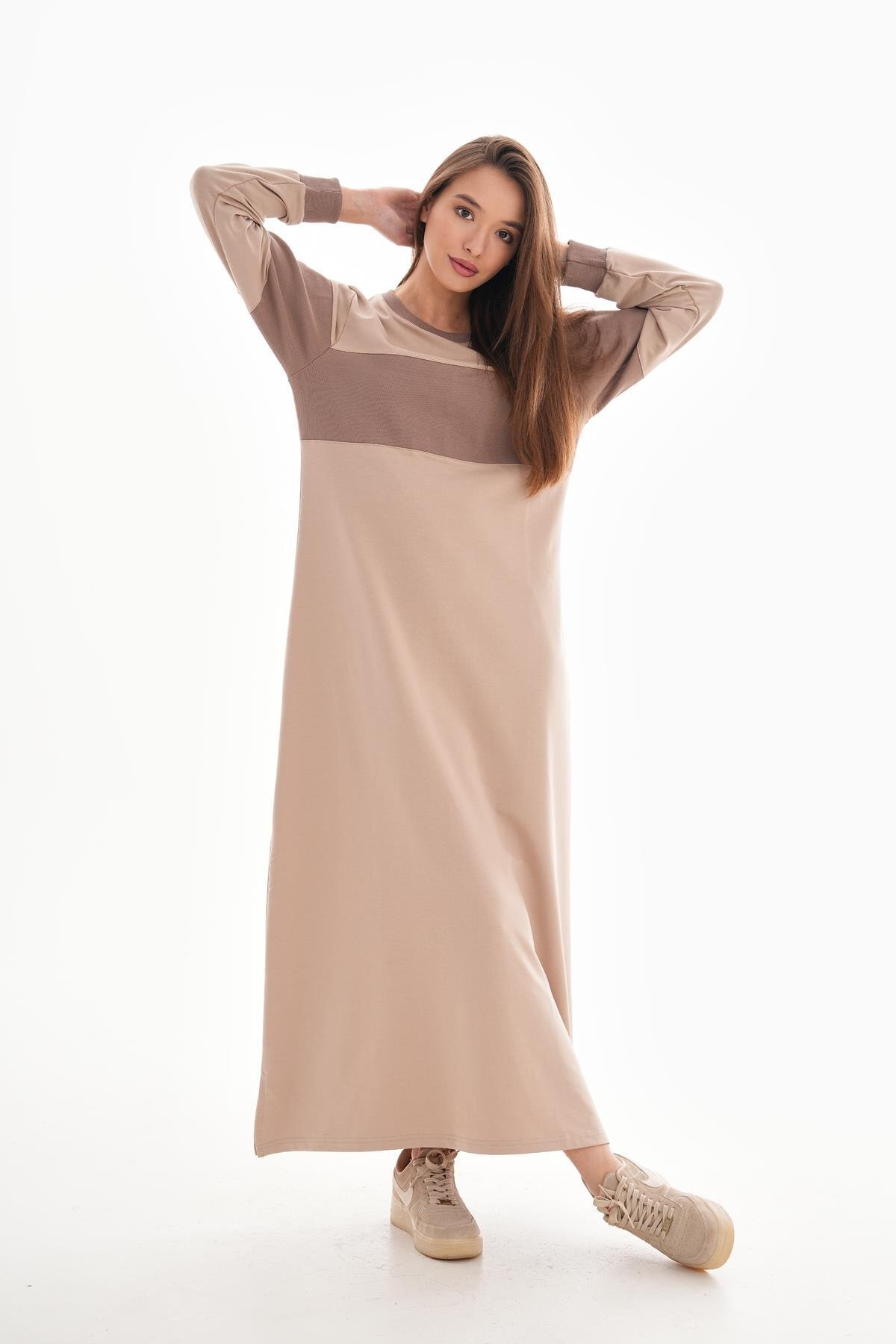 Sporty Color-Block Ribbed-Detail Modest Dress - Brown - Westbound