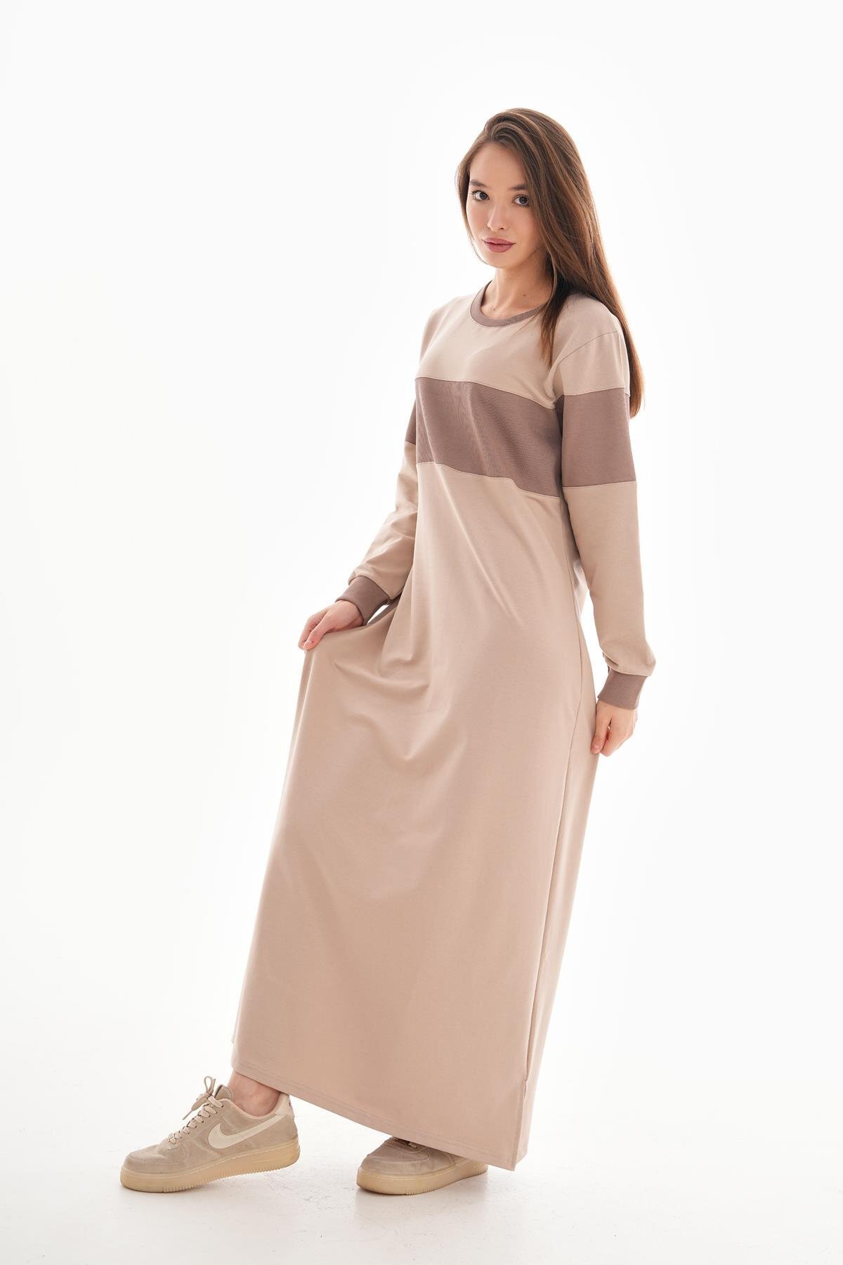 Sporty Color-Block Ribbed-Detail Modest Dress - Brown - Westbound