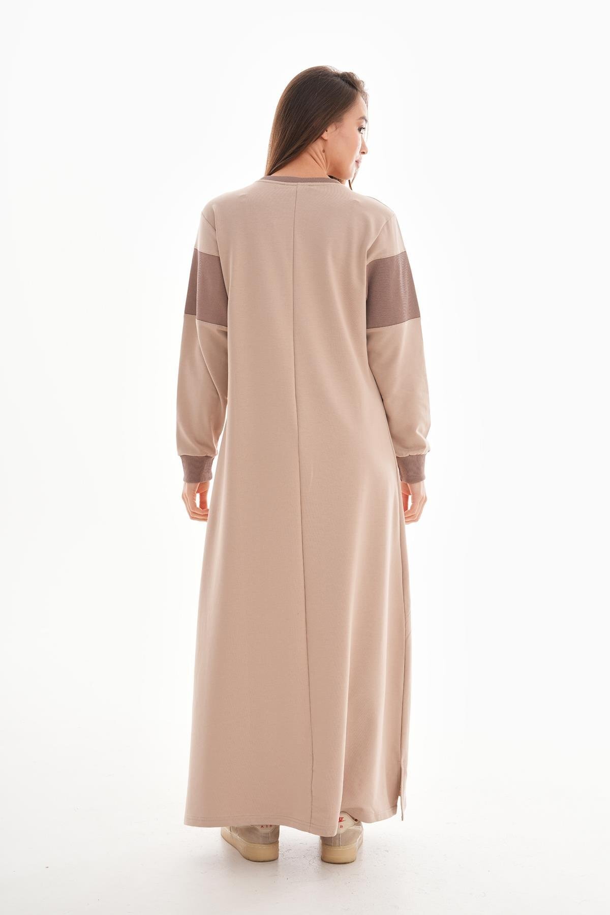 Sporty Color-Block Ribbed-Detail Modest Dress - Brown - Westbound