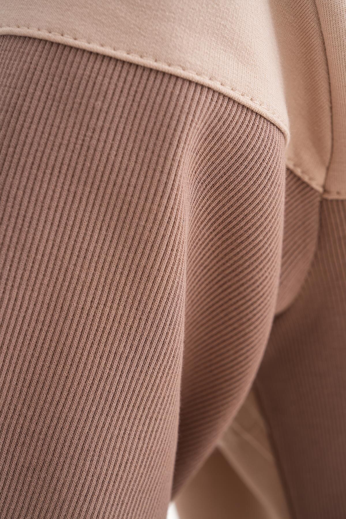 Sporty Color-Block Ribbed-Detail Modest Dress - Brown - Westbound