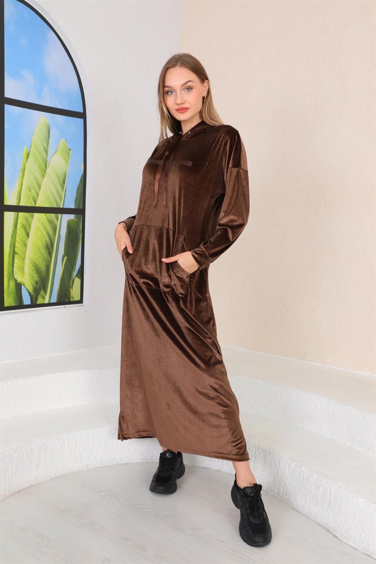 Long Stone Print Velvet Kangaroo Pocket Modest Dress - Brown - Westbound