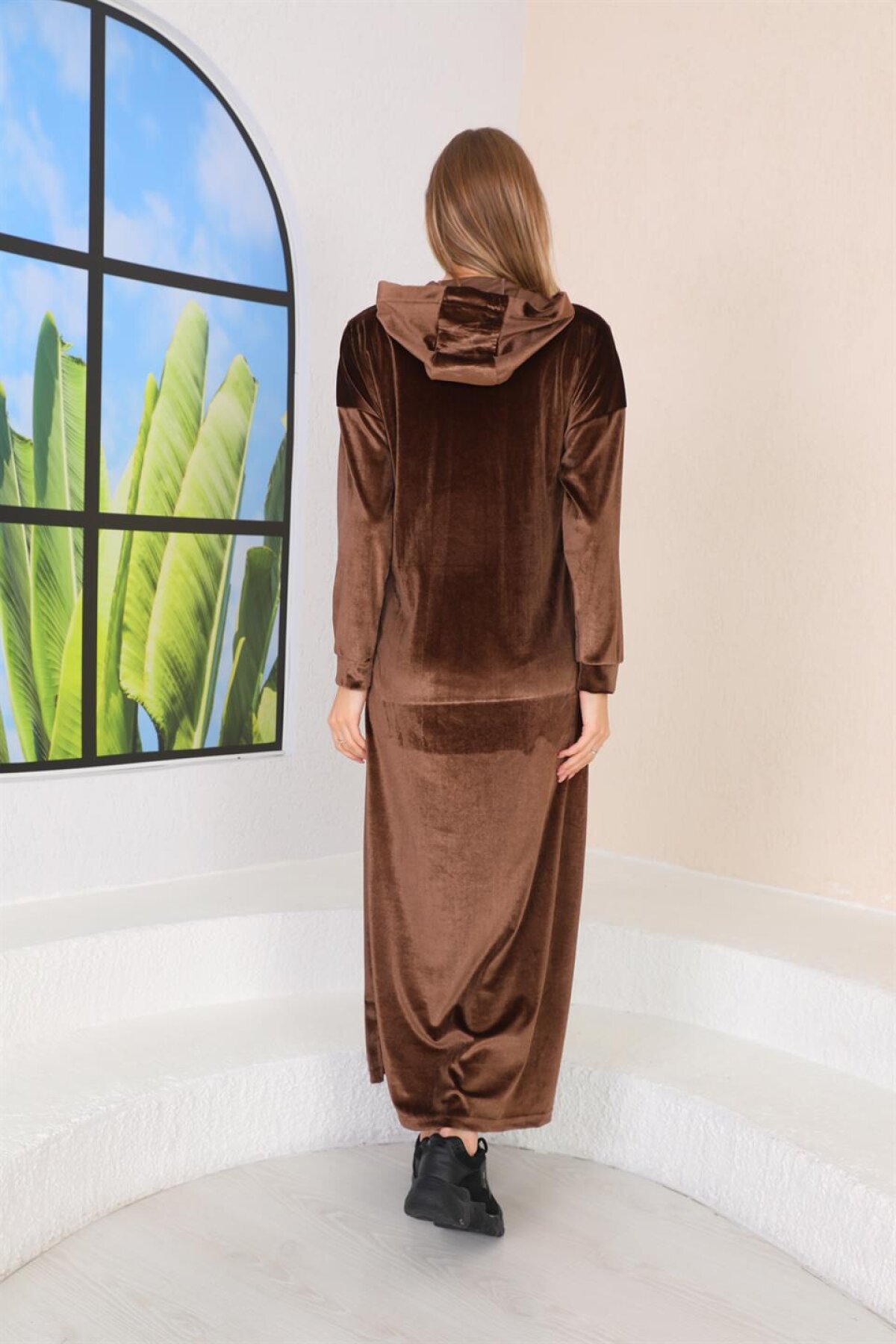 Long Stone Print Velvet Kangaroo Pocket Modest Dress - Brown - Westbound