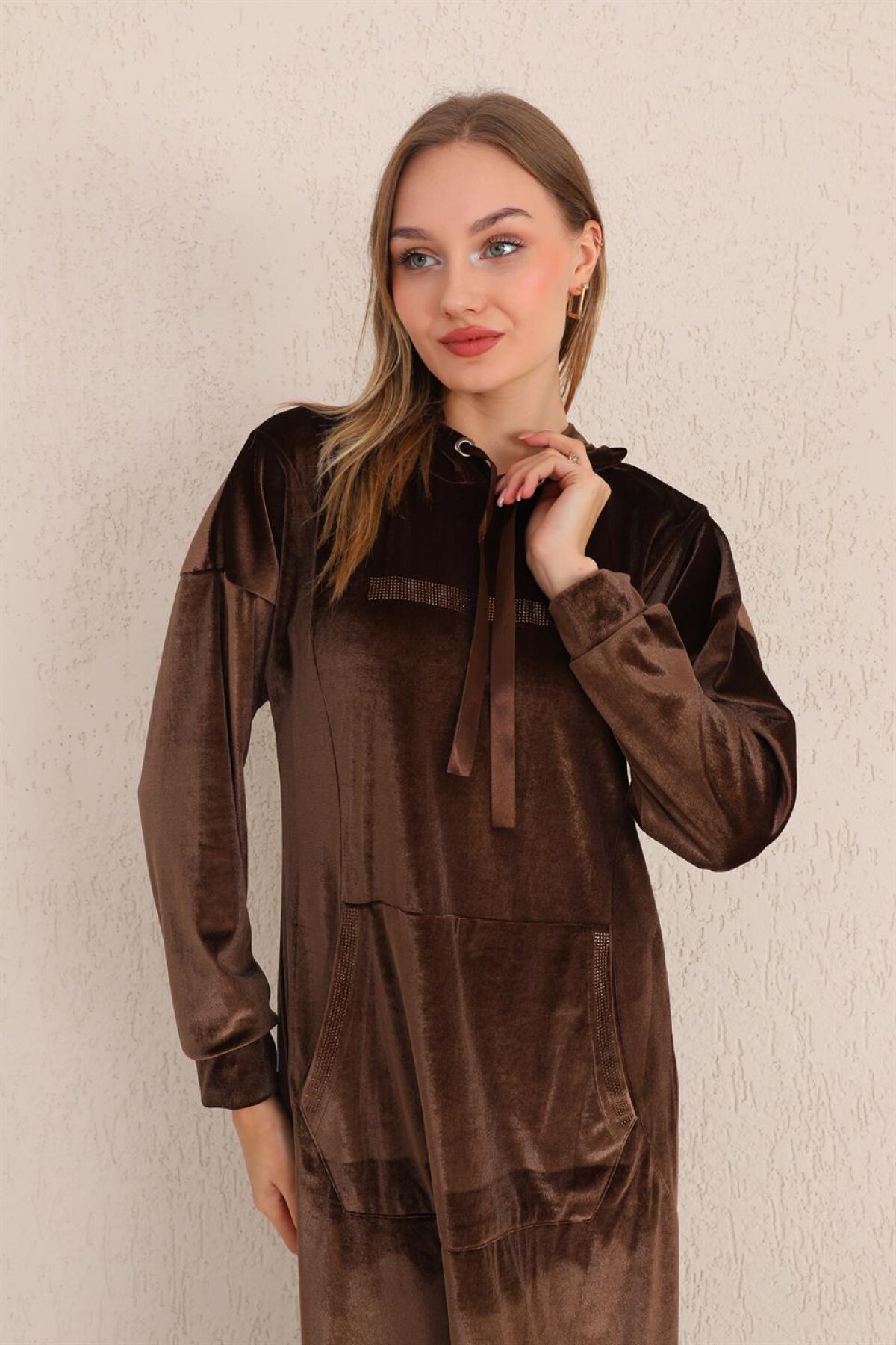 Long Stone Print Velvet Kangaroo Pocket Modest Dress - Brown - Westbound