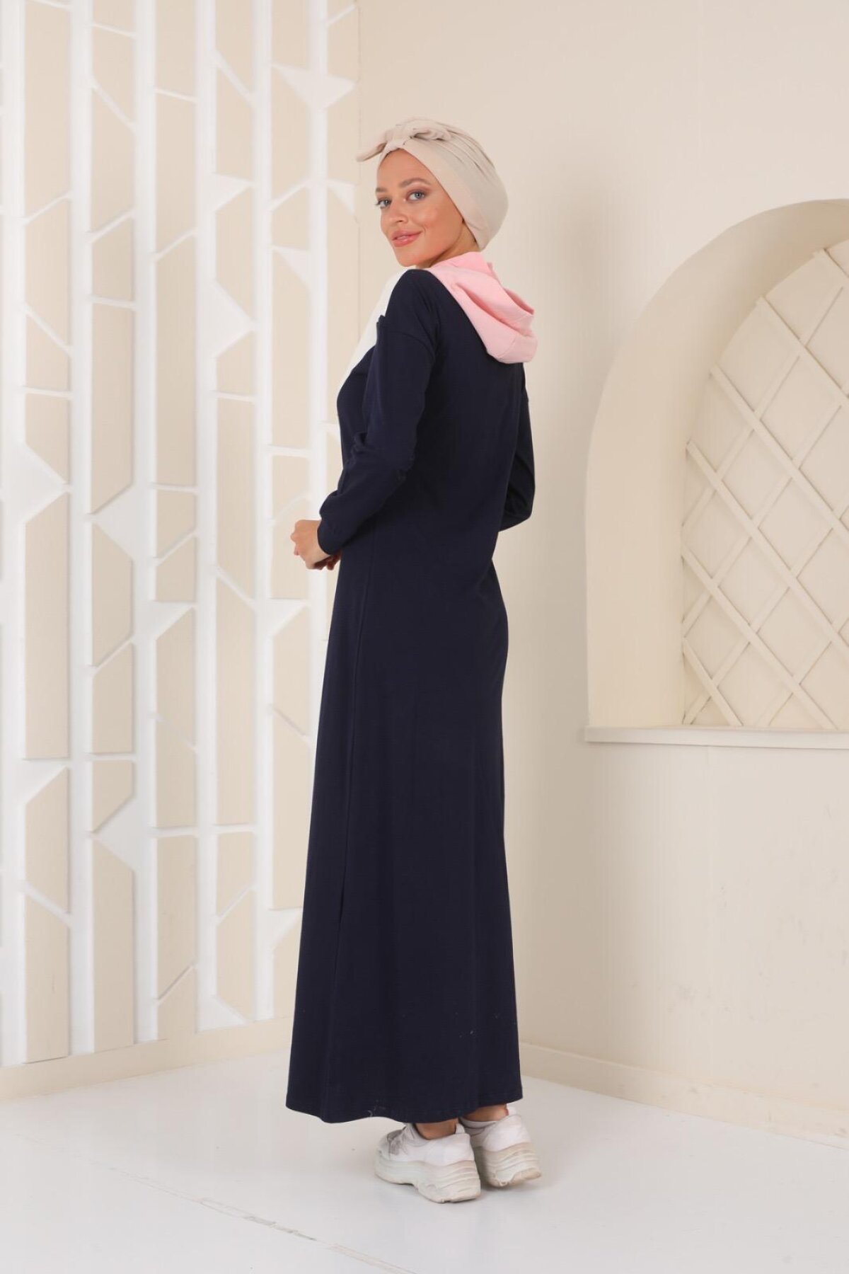 Long Sporty Color Block Hooded Dress - Navy Blue - Westbound