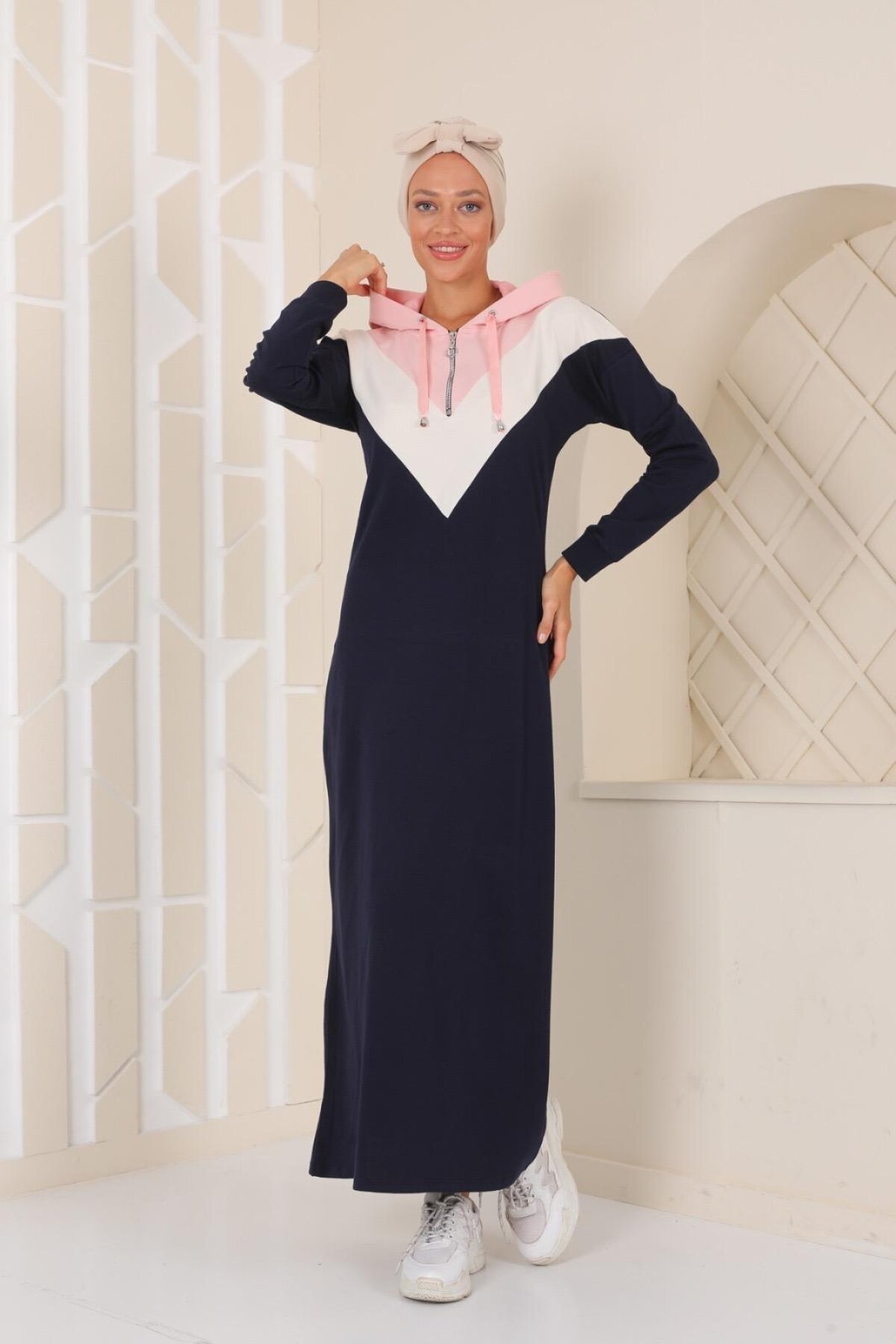 Long Sporty Color Block Hooded Dress - Navy Blue - Westbound