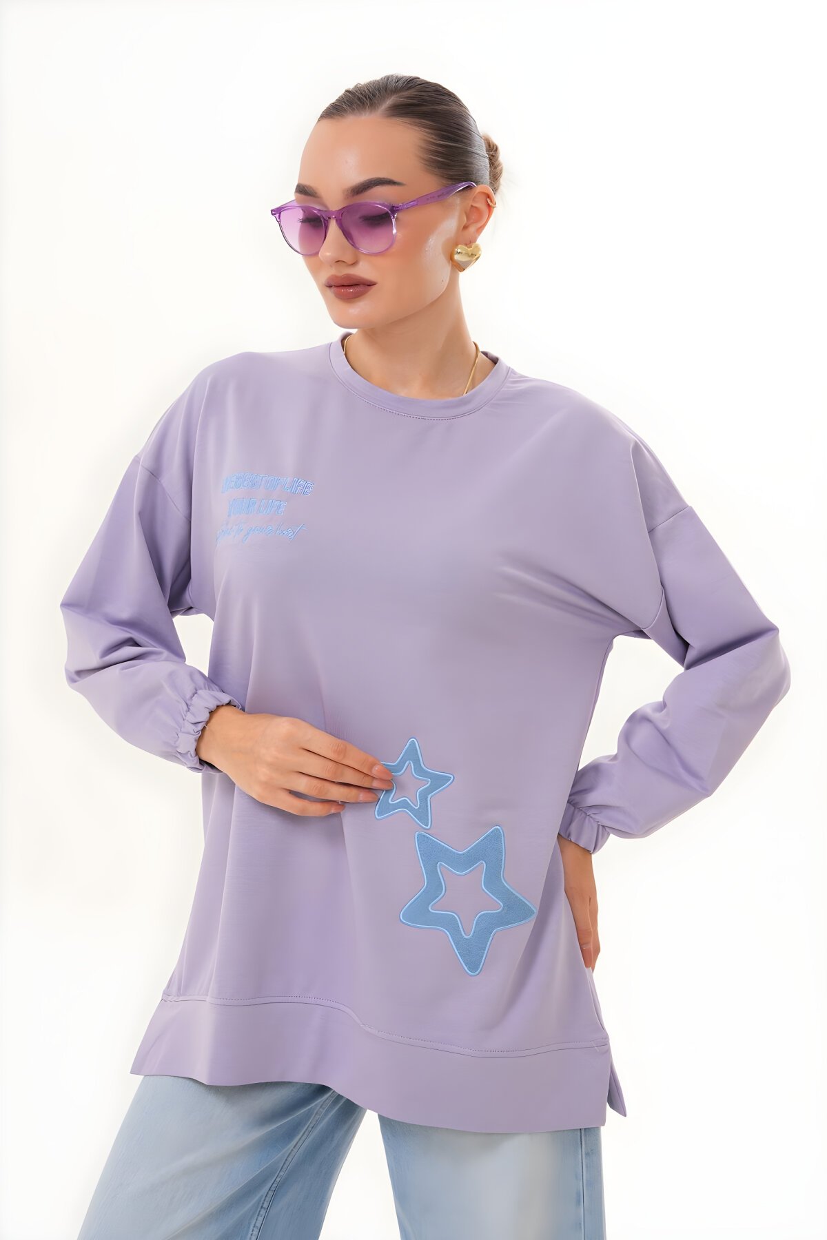 Lila Yıldız Desenli Bisiklet Yaka Sweatshirt Tesettür Tunik - Westbound