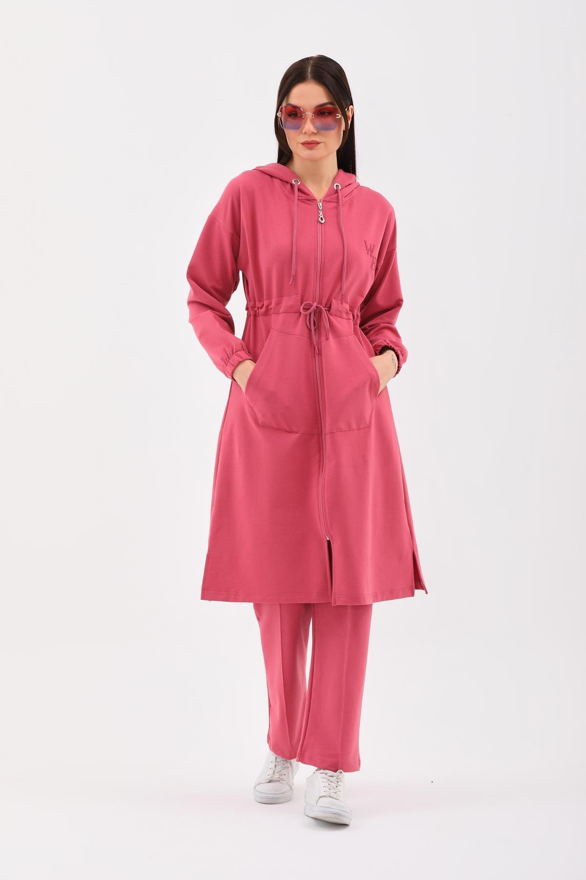 Trenchcoat-Style Modest Tracksuit Set - Pomegranate - Westbound