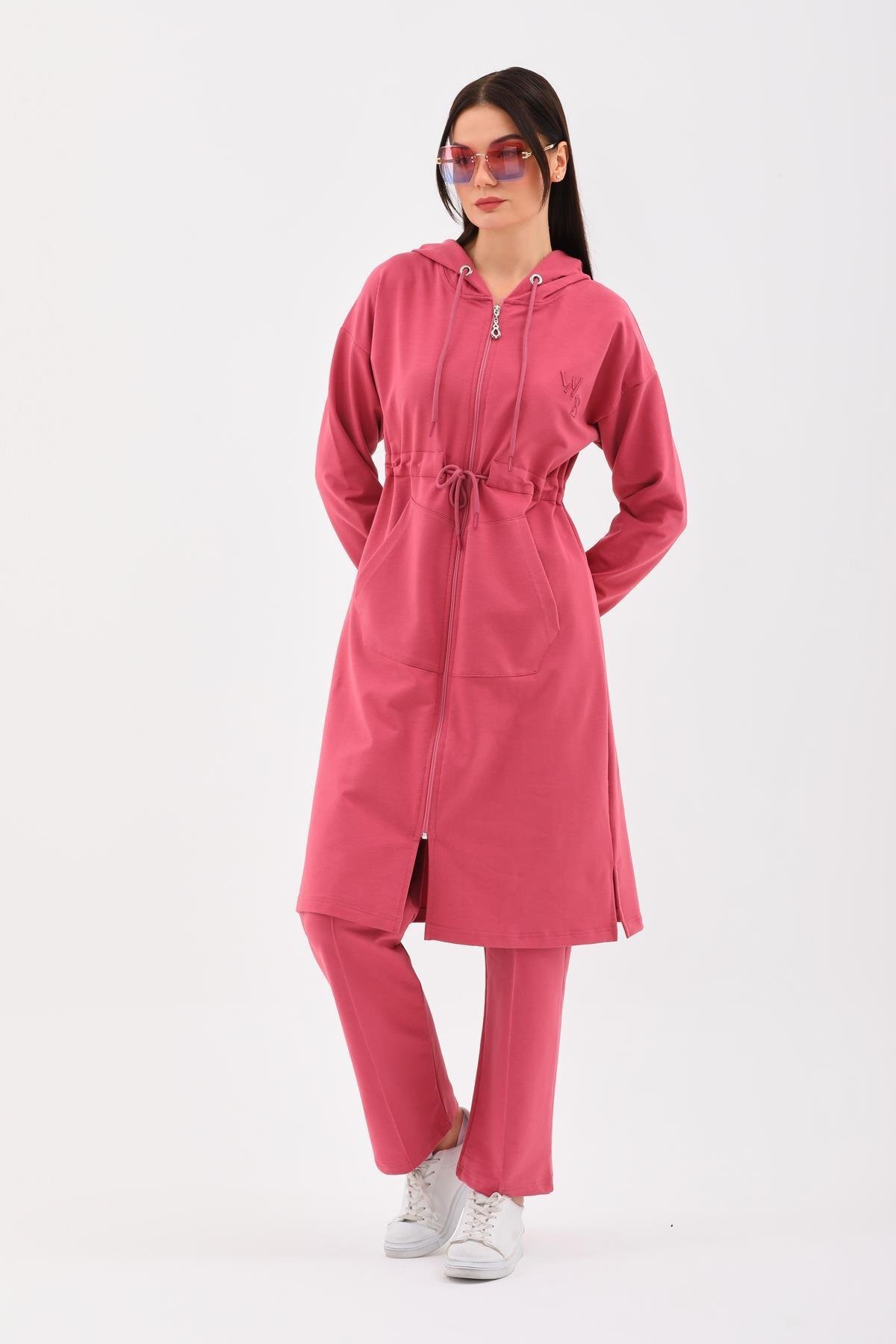 Trenchcoat-Style Modest Tracksuit Set - Pomegranate - Westbound