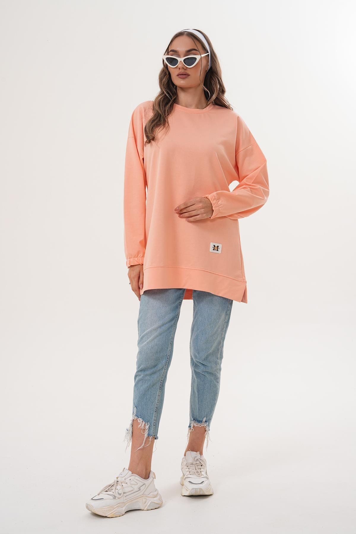 Pudra Düz Basic Bisiklet Yaka Uzun Kol Sweatshirt Tunik - Westbound
