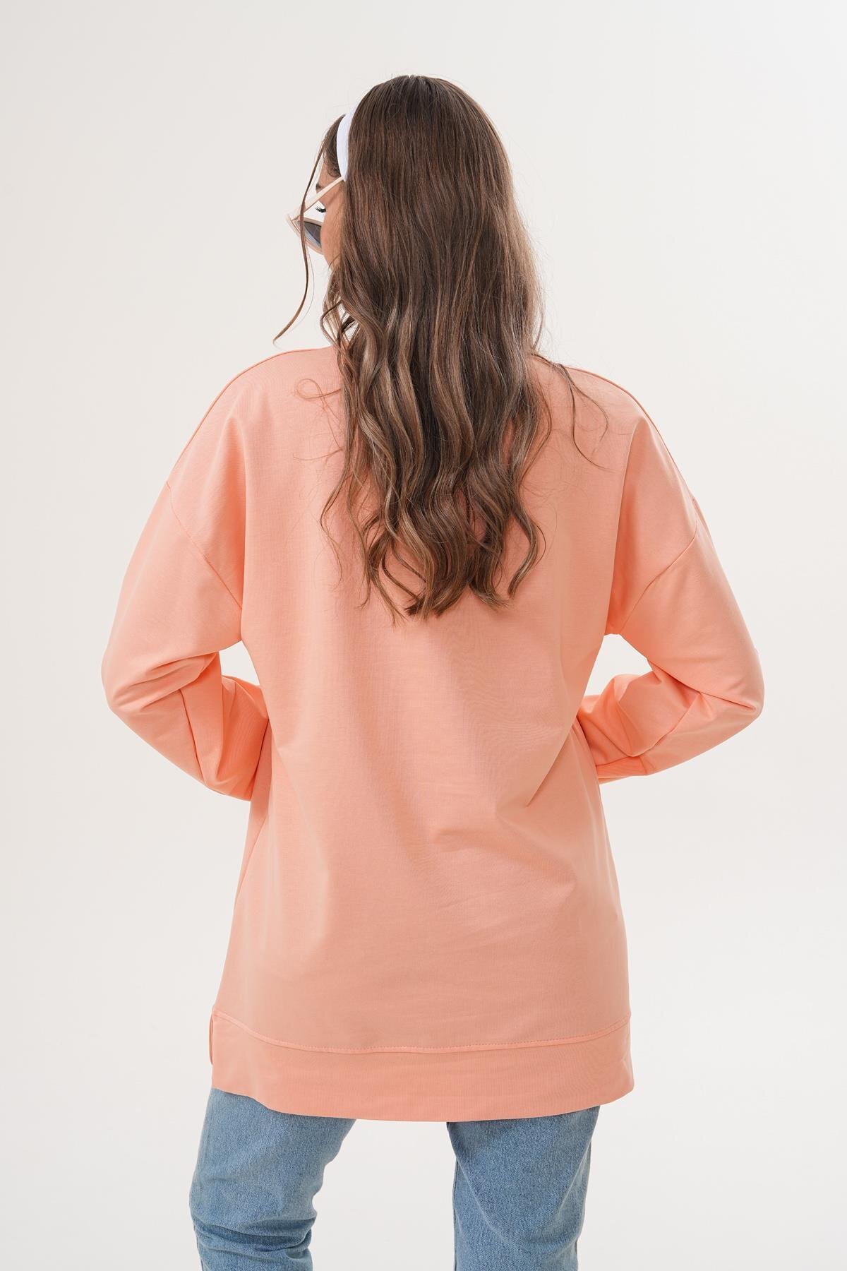 Pudra Düz Basic Bisiklet Yaka Uzun Kol Sweatshirt Tunik - Westbound