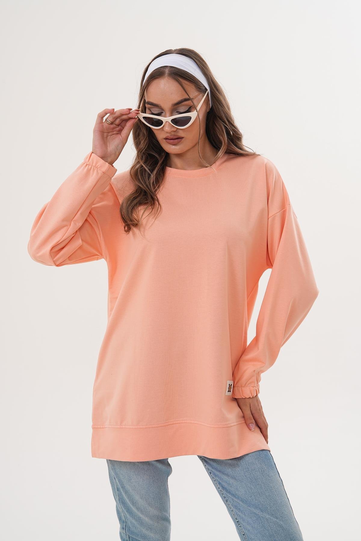 Pudra Düz Basic Bisiklet Yaka Uzun Kol Sweatshirt Tunik - Westbound