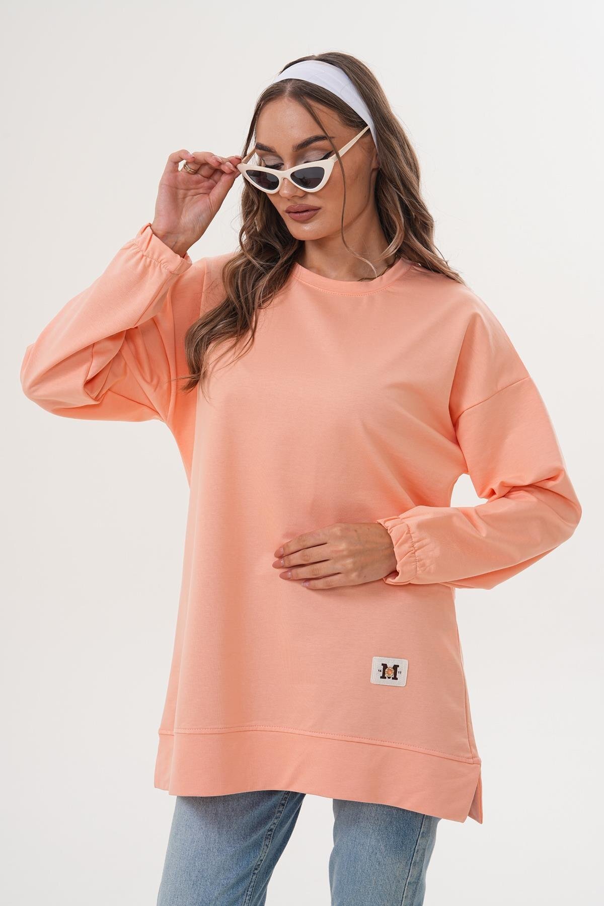 Pudra Düz Basic Bisiklet Yaka Uzun Kol Sweatshirt Tunik - Westbound