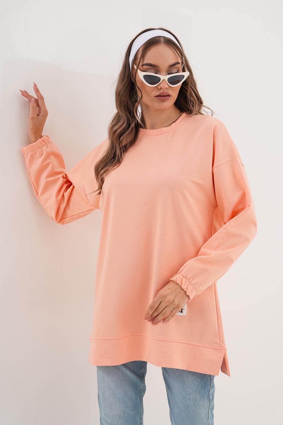 Pudra Düz Basic Bisiklet Yaka Uzun Kol Sweatshirt Tunik - Westbound