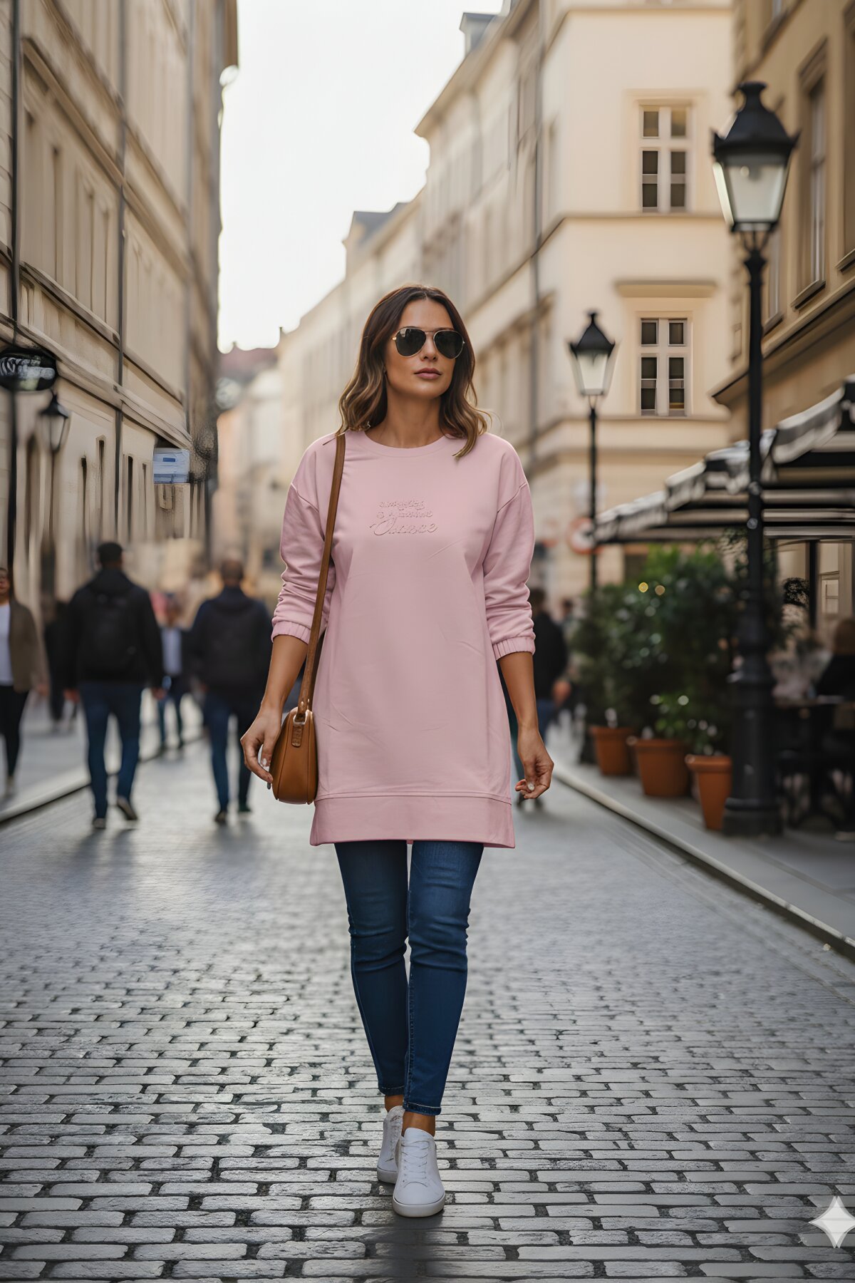 Pudra Kabartma Baskılı Uzun Kol Bisiklet Yaka Sweatshirt Tesettür Tunik - Westbound