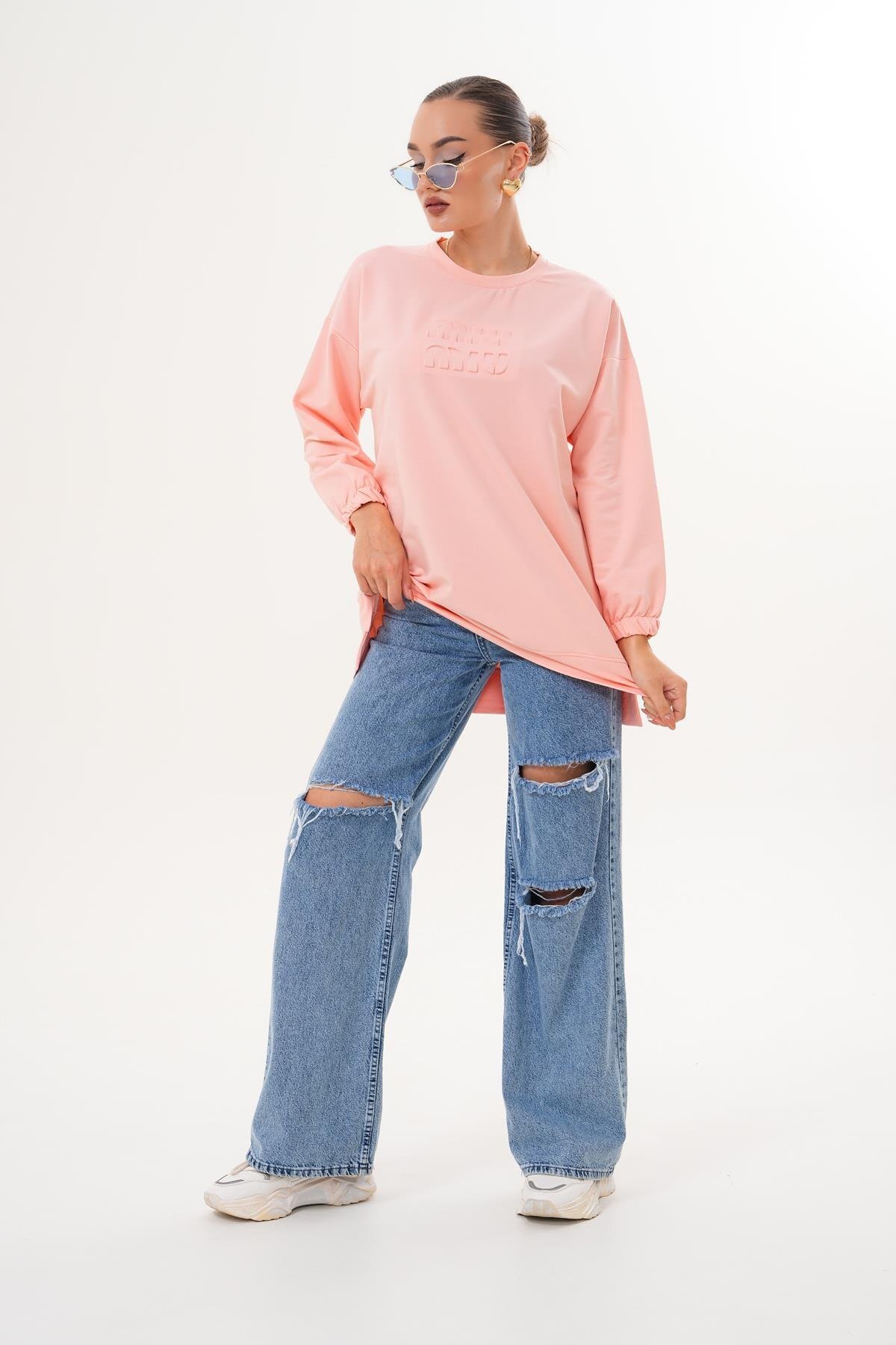 Pudra Miu Kabartma Baskı Sweatshirt Bisiklet Yaka Tesettür Tunik - Westbound