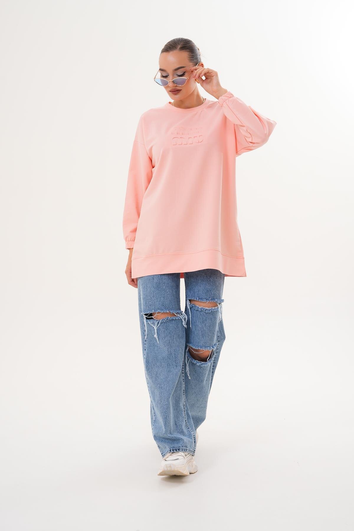 Pudra Miu Kabartma Baskı Sweatshirt Bisiklet Yaka Tesettür Tunik - Westbound