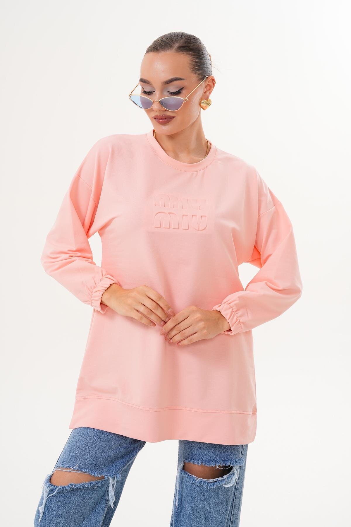 Pudra Miu Kabartma Baskı Sweatshirt Bisiklet Yaka Tesettür Tunik - Westbound