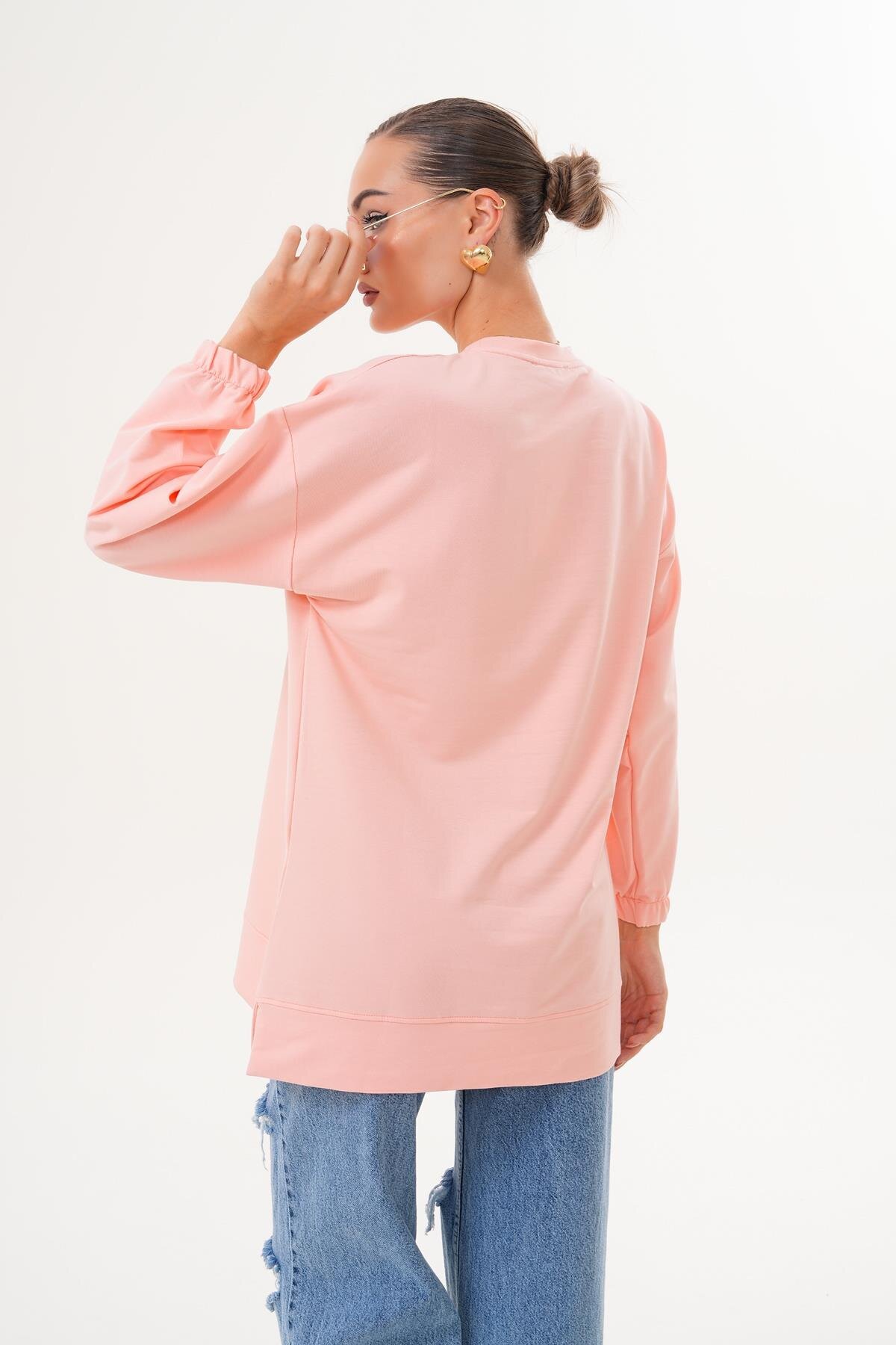 Pudra Miu Kabartma Baskı Sweatshirt Bisiklet Yaka Tesettür Tunik - Westbound