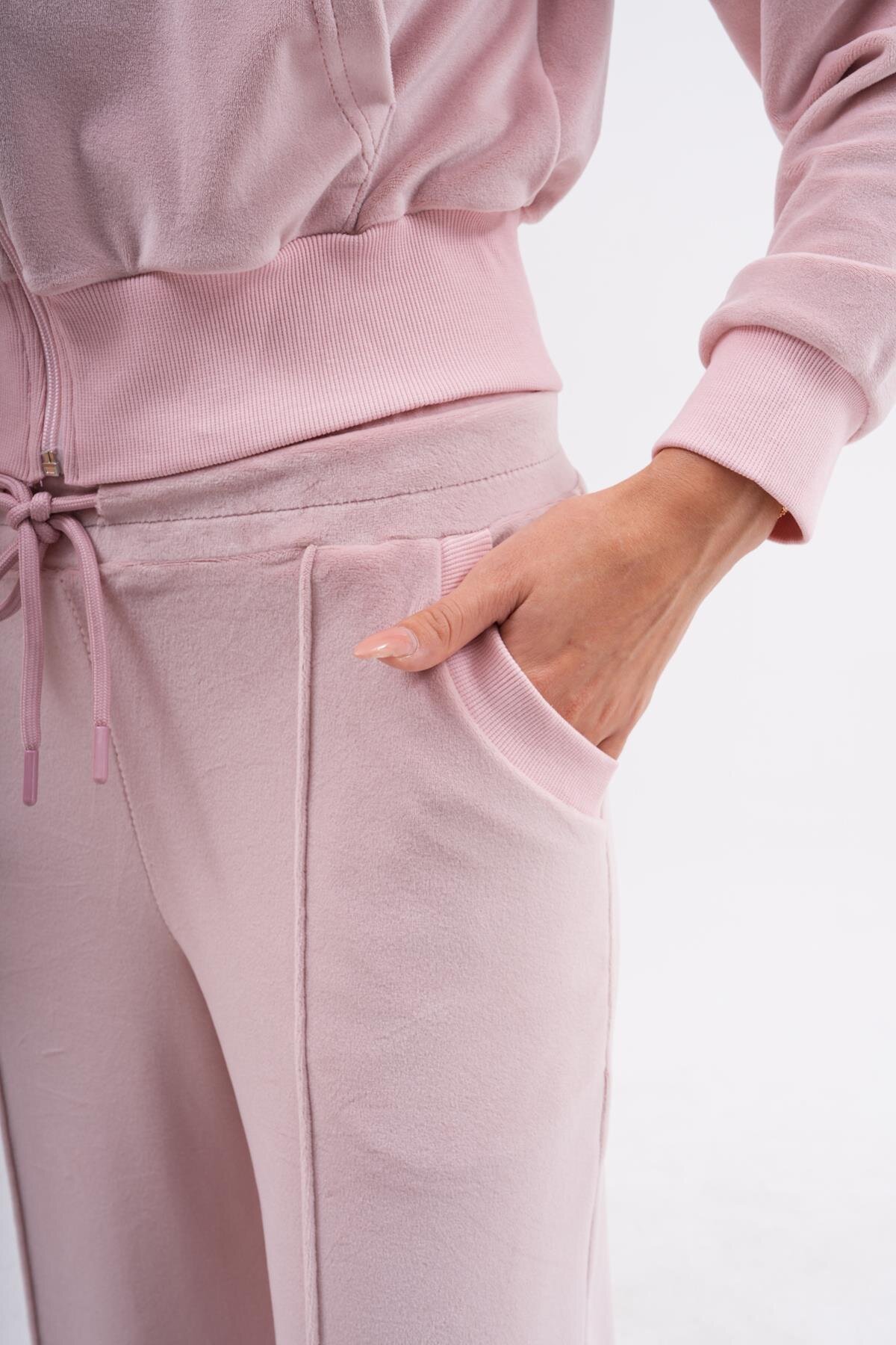 Palazzo Leg Soft Velvet Two-Piece Modest Tracksuit - Powder Pink - Westbound