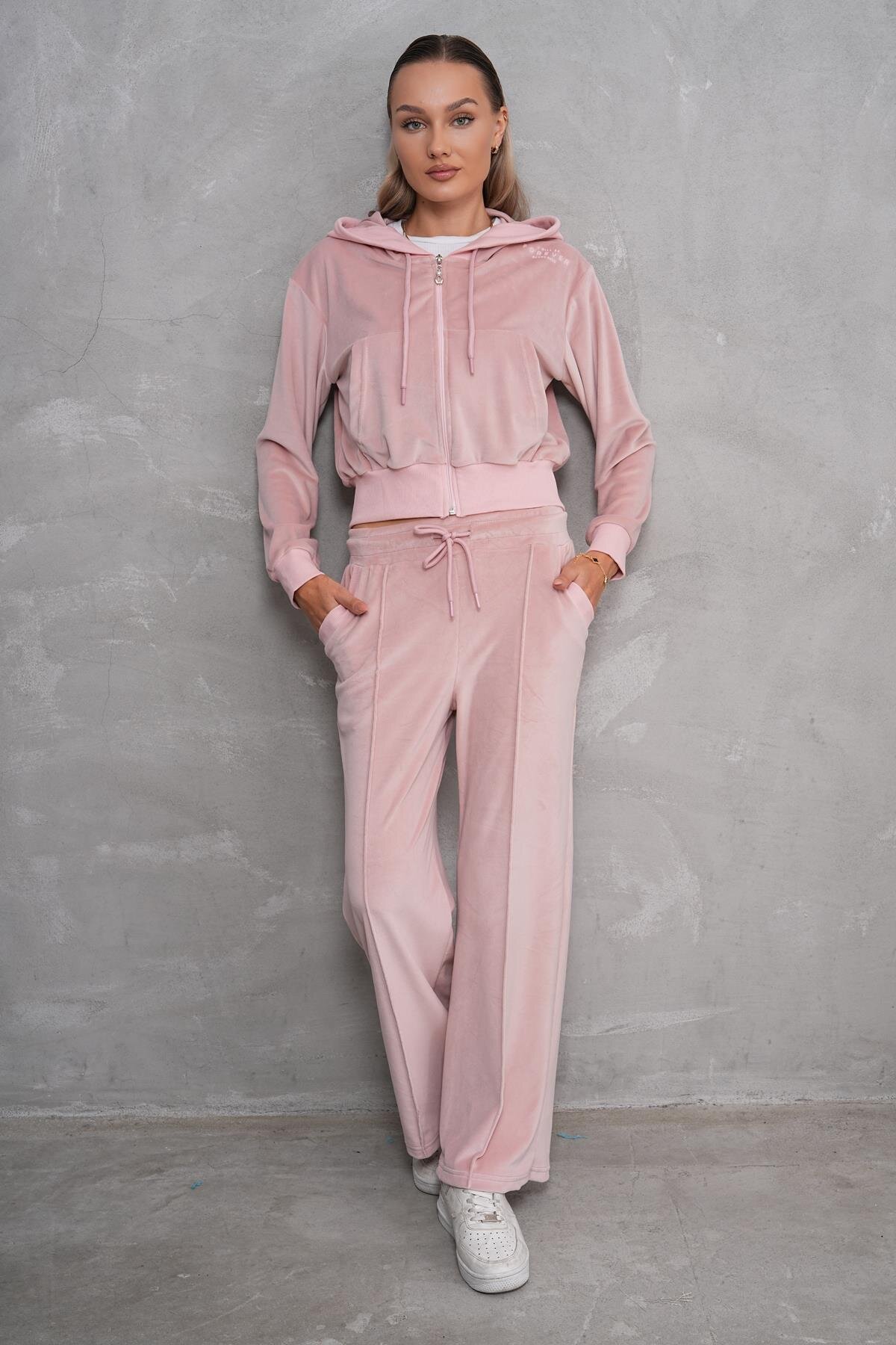 Palazzo Leg Soft Velvet Two-Piece Modest Tracksuit - Powder Pink - Westbound