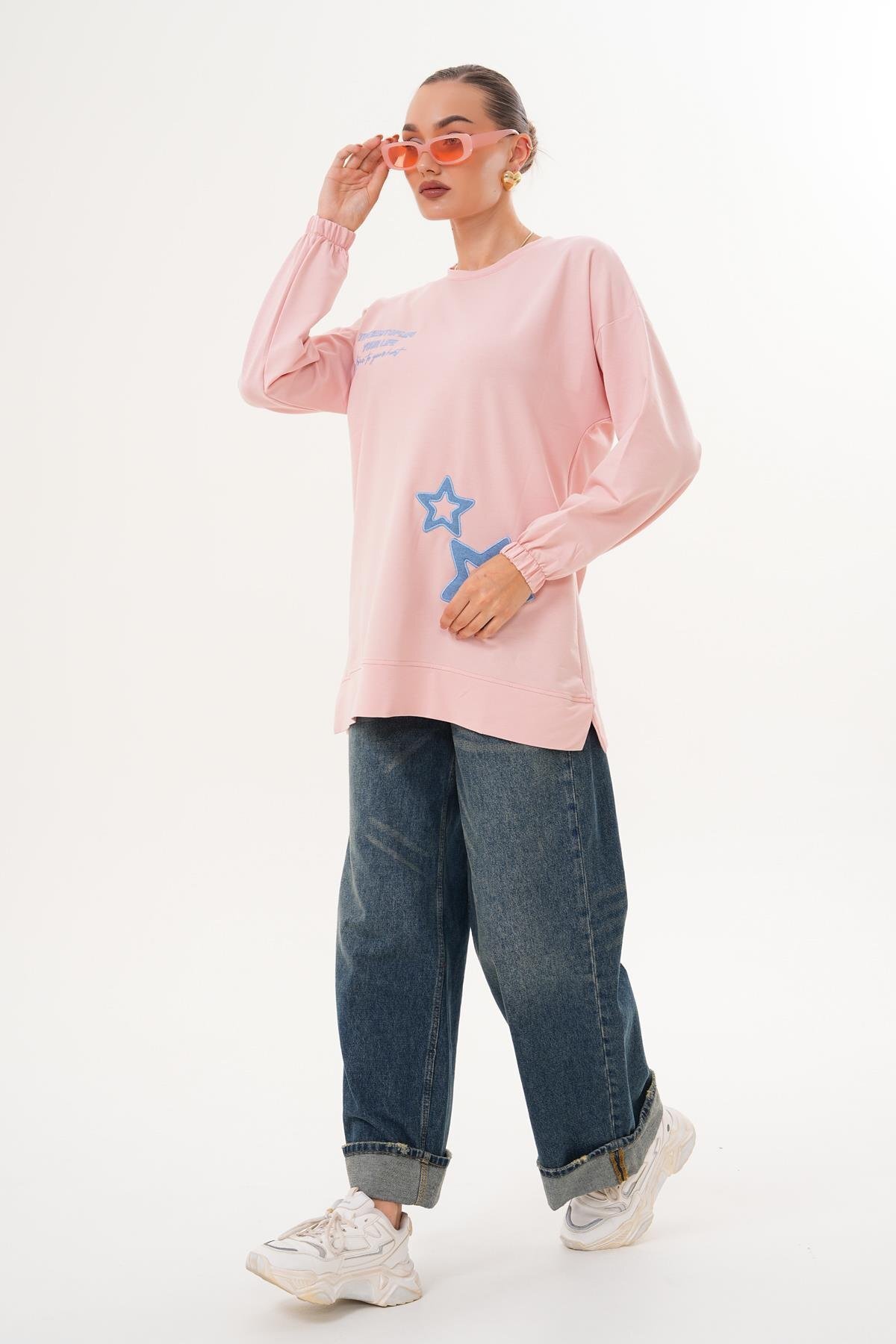 Pudra Yıldız Desenli Sweatshirt Bisiklet Yaka Tesettür Tunik - Westbound