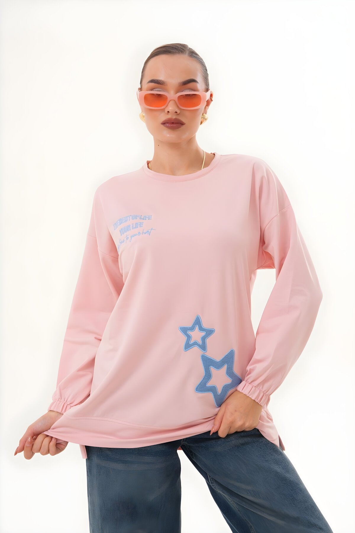 Pudra Yıldız Desenli Sweatshirt Bisiklet Yaka Tesettür Tunik - Westbound