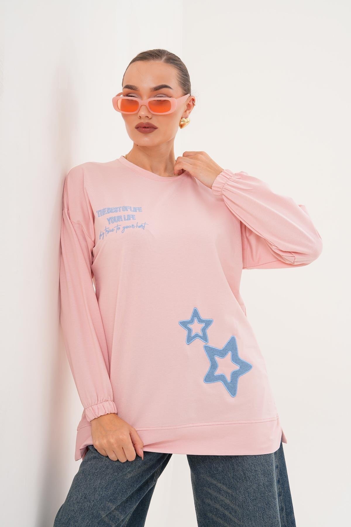 Pudra Yıldız Desenli Sweatshirt Bisiklet Yaka Tesettür Tunik - Westbound
