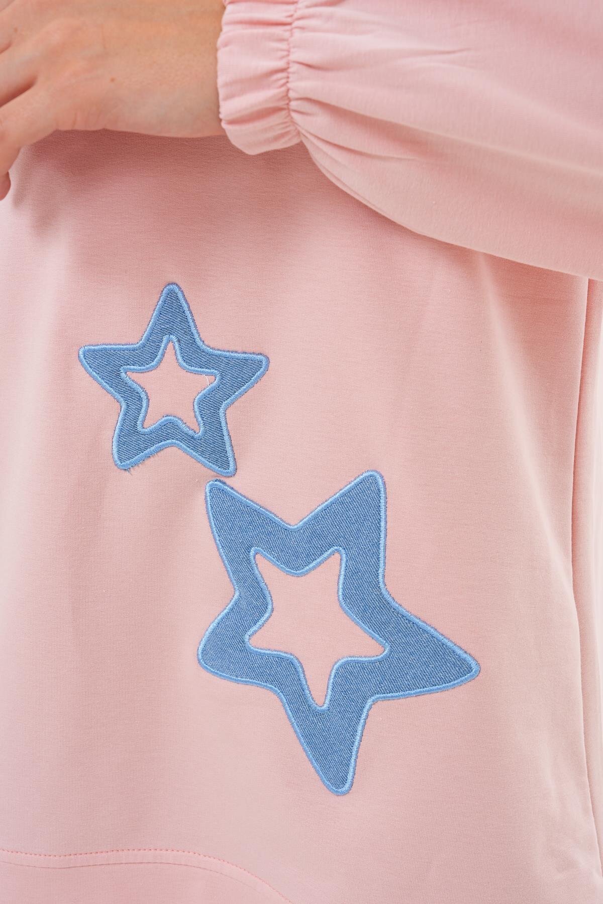 Pudra Yıldız Desenli Sweatshirt Bisiklet Yaka Tesettür Tunik - Westbound