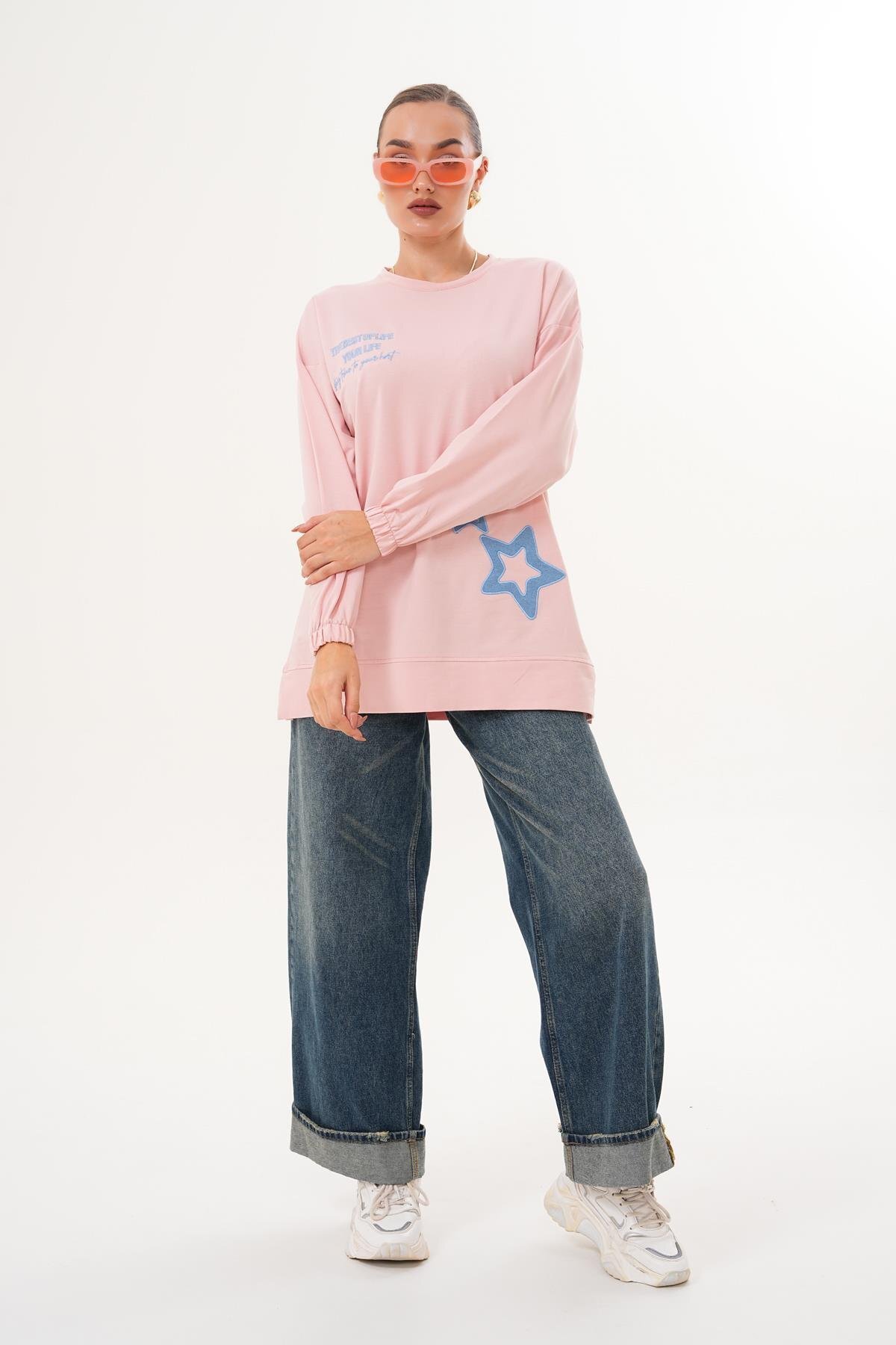 Pudra Yıldız Desenli Sweatshirt Bisiklet Yaka Tesettür Tunik - Westbound