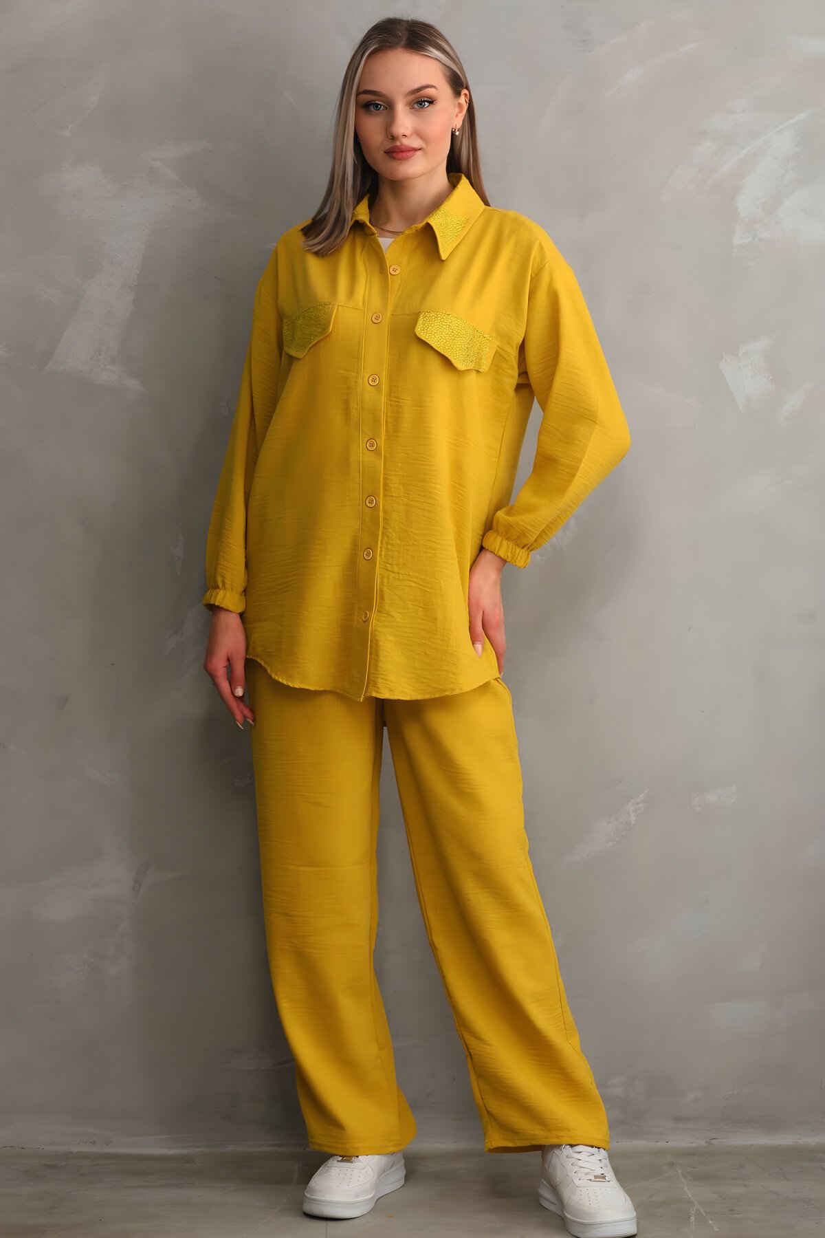 Sarı İkili Yazlık Taş İşlemeli Tesettür Takım - Westbound