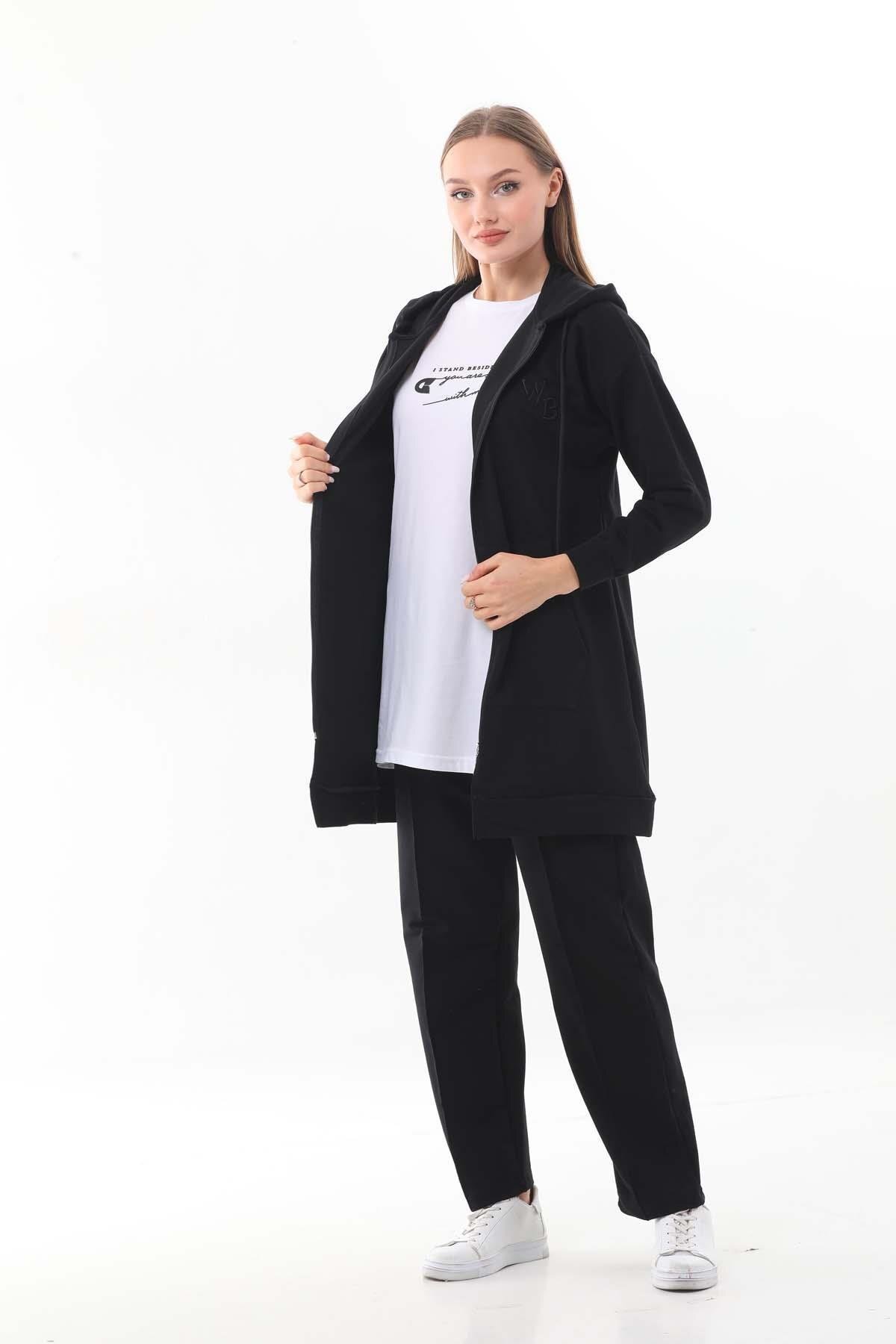 Casual Embossed Print Three-Piece Modest Set - Black - Westbound