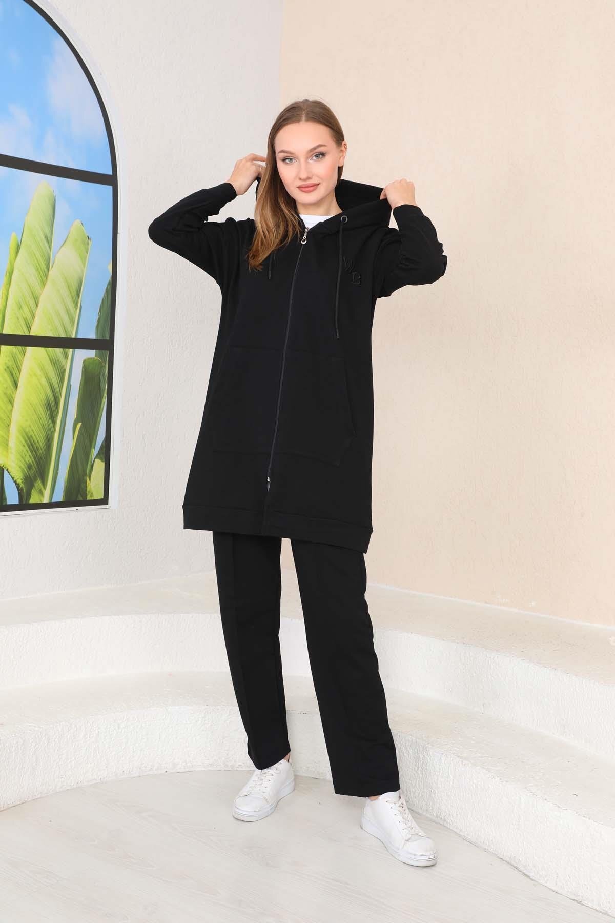 Casual Embossed Print Three-Piece Modest Set - Black - Westbound