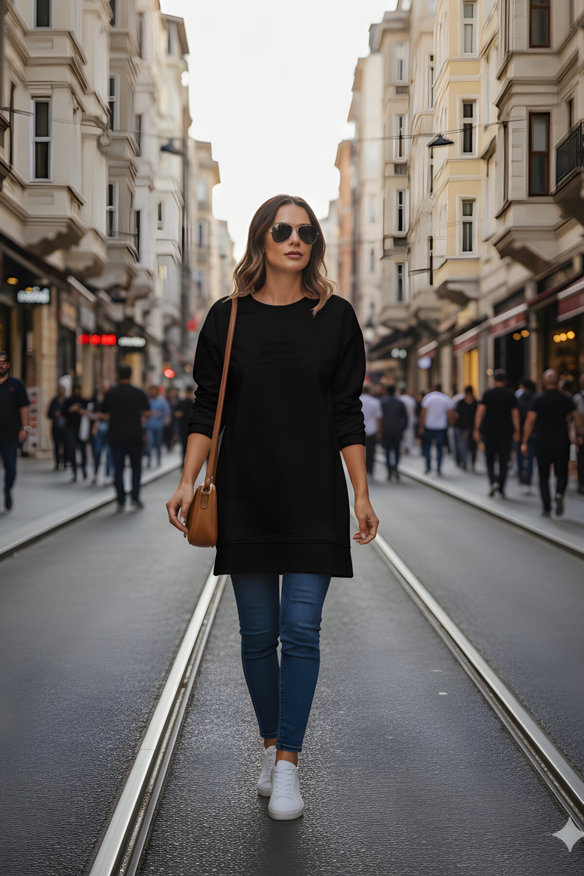 Siyah Kabartma Baskılı Uzun Kol Bisiklet Yaka Sweatshirt Tesettür Tunik - Westbound