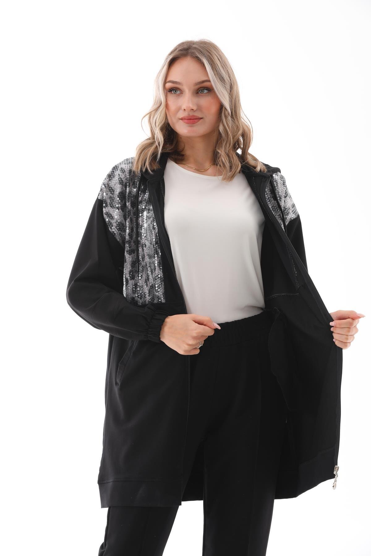 Sequin-Detail Casual Two-Piece Modest Tracksuit Set - Black - Westbound