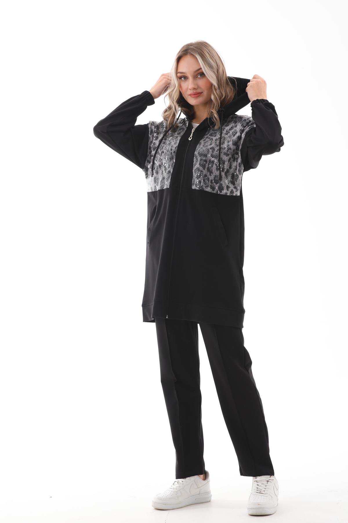 Sequin-Detail Casual Two-Piece Modest Tracksuit Set - Black - Westbound