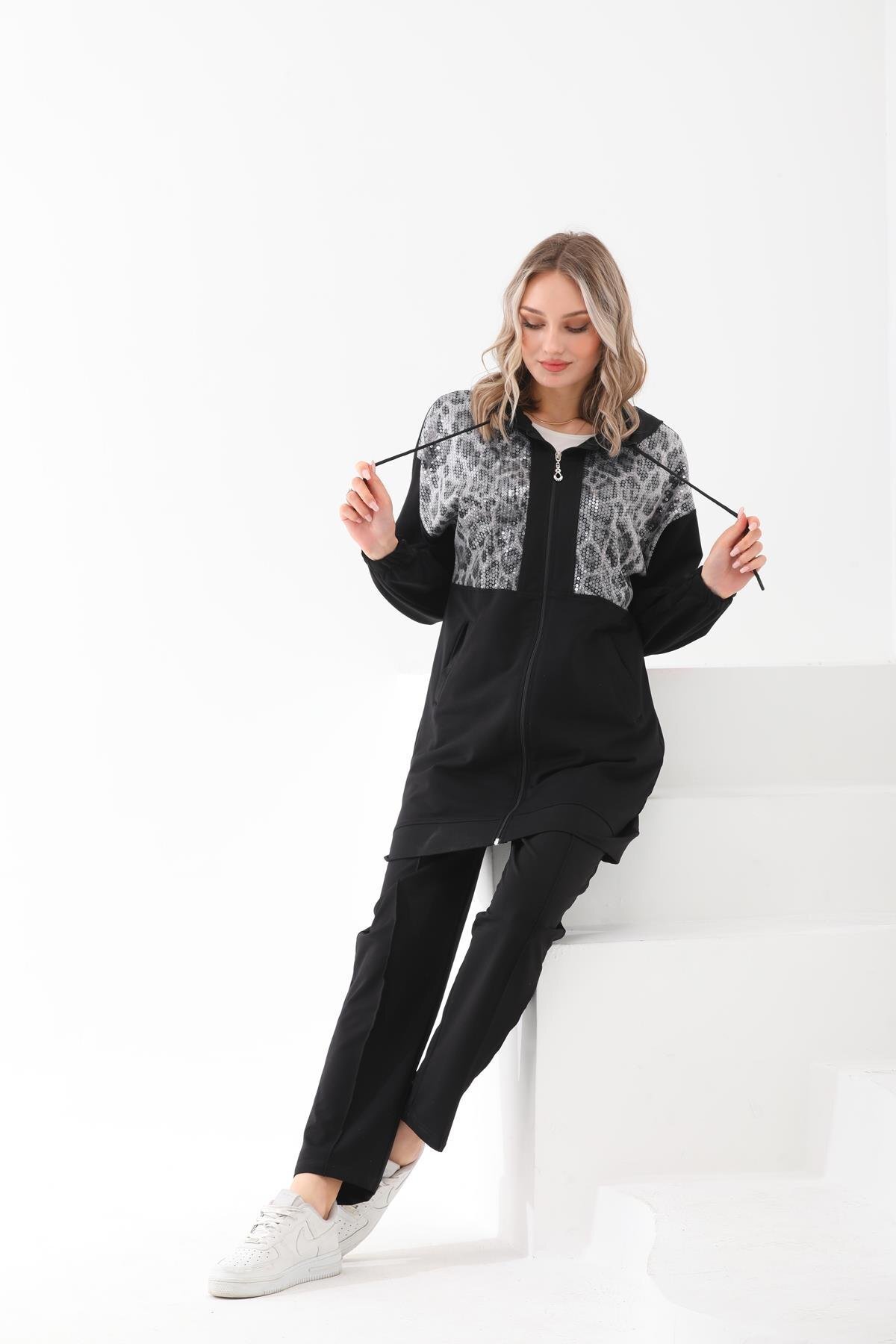 Sequin-Detail Casual Two-Piece Modest Tracksuit Set - Black - Westbound