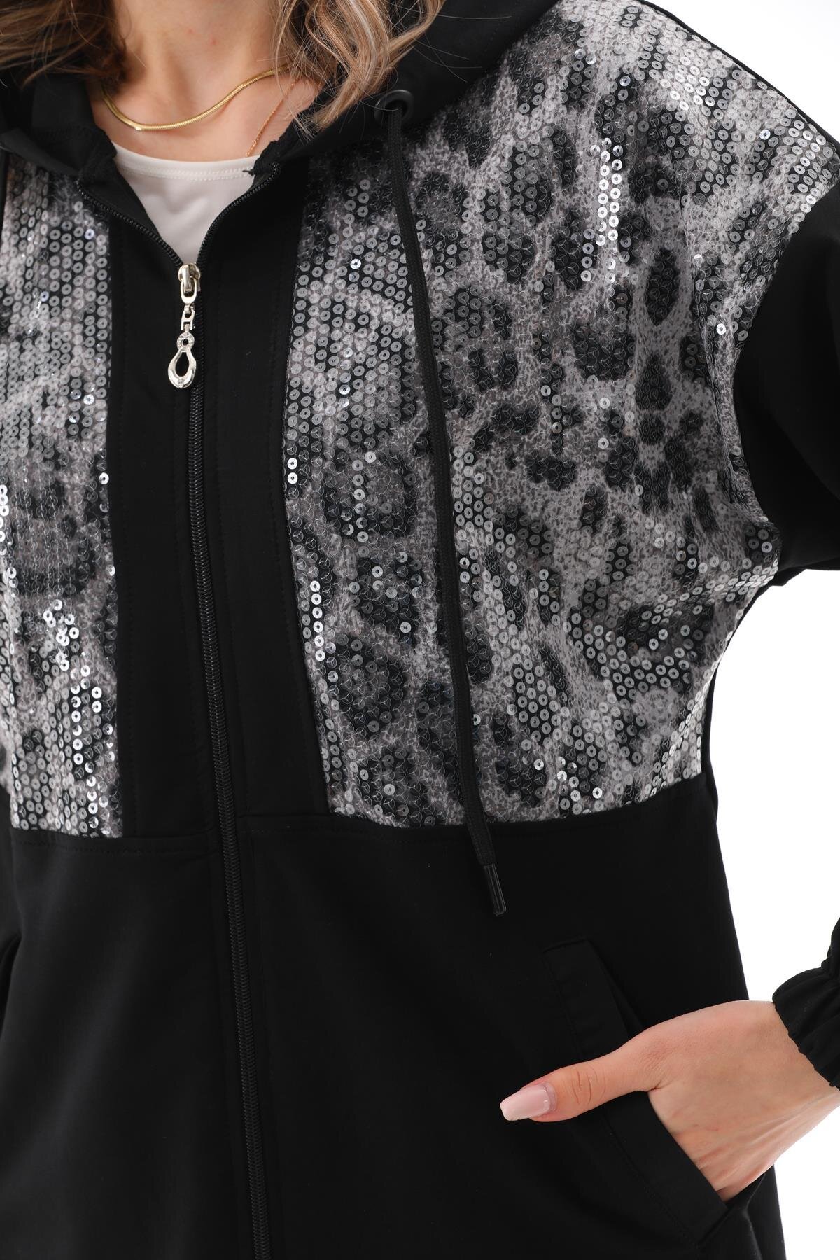 Sequin-Detail Casual Two-Piece Modest Tracksuit Set - Black - Westbound